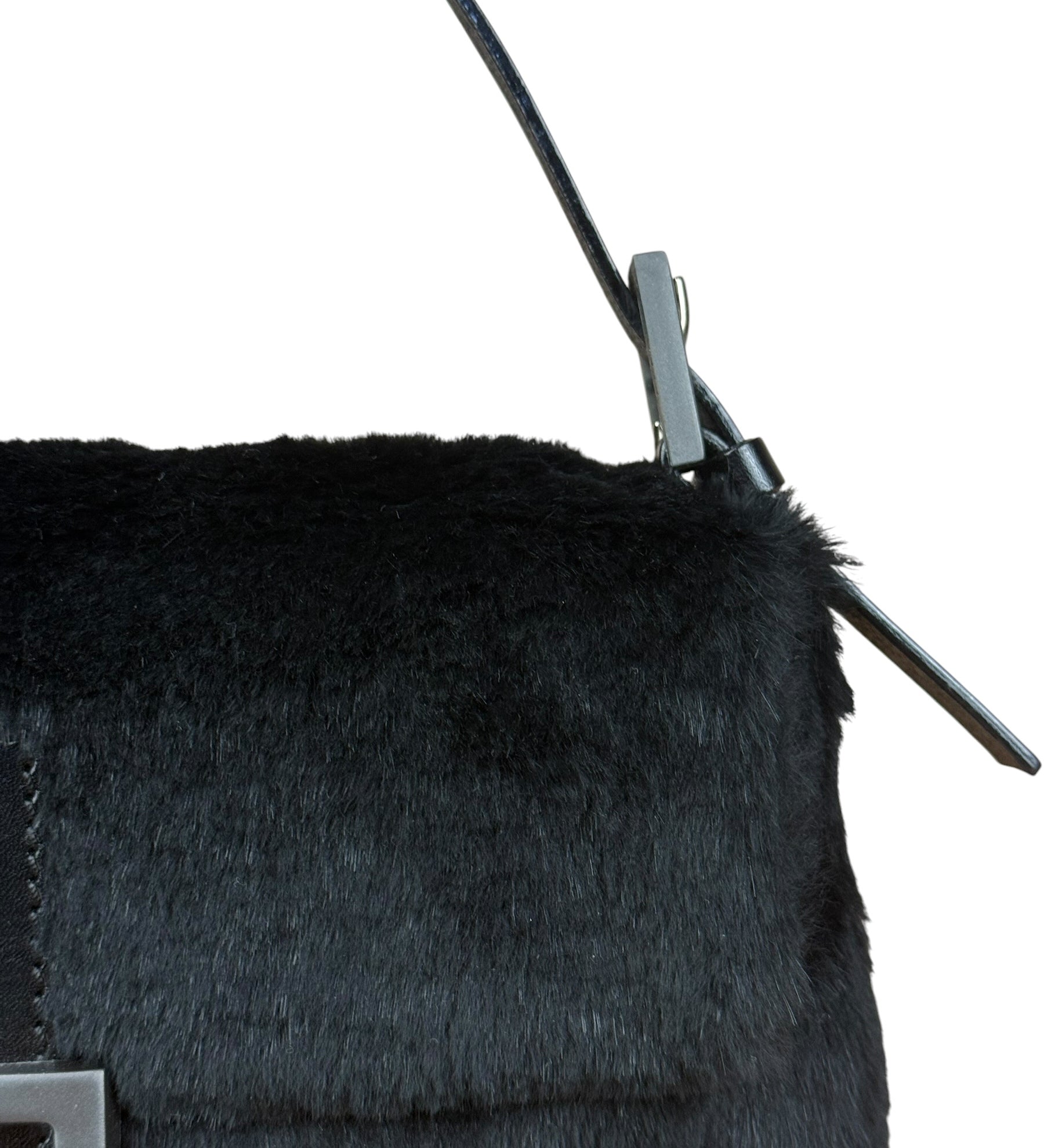 Fendi Rare Vintage Black Fur Baguette Shoulder Bag