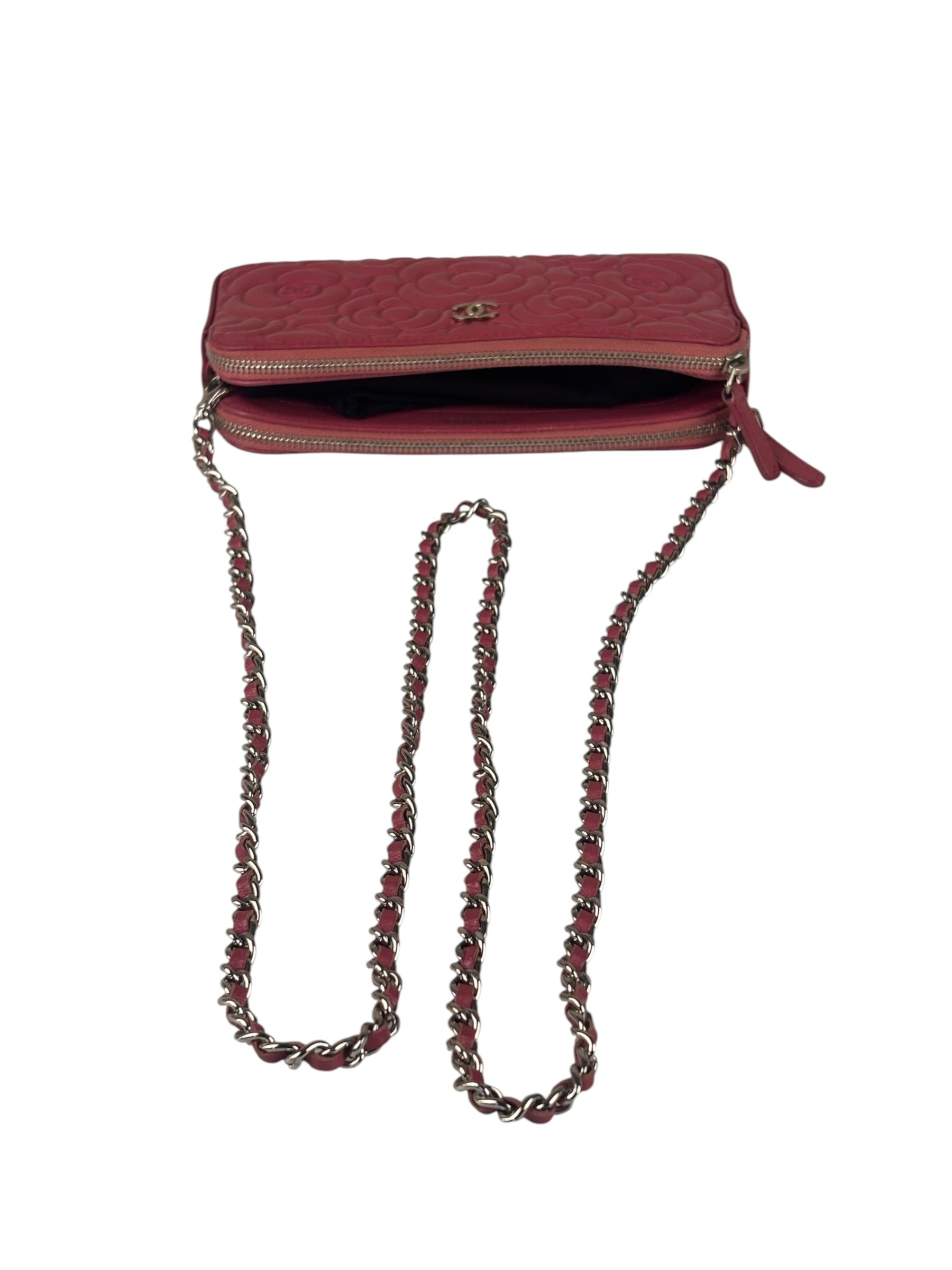 Chanel Pink Floral Embossed Leather Double Zip Chain Clutch Bag 2017