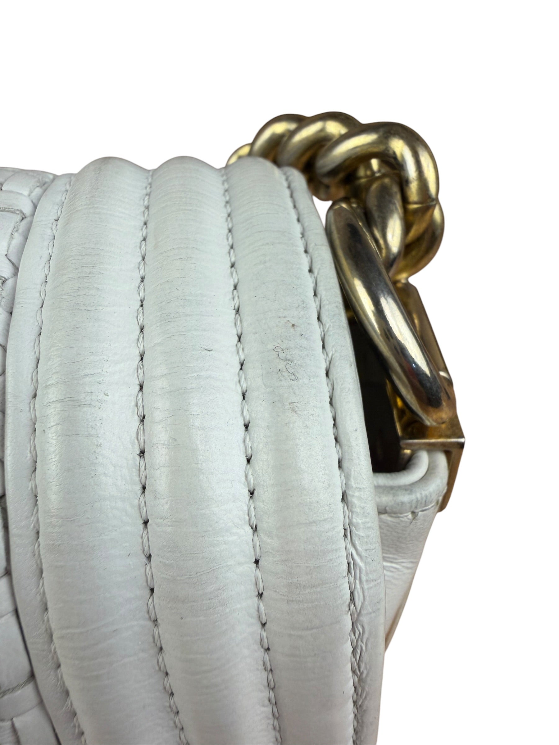 Chanel Vintage White Leather Braided Boy Shoulder Bag 1989