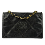 Chanel Vintage Black Lizard Leather Chain Flap Bag 1987