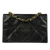 Chanel Vintage Black Lizard Leather Chain Flap Bag 1987