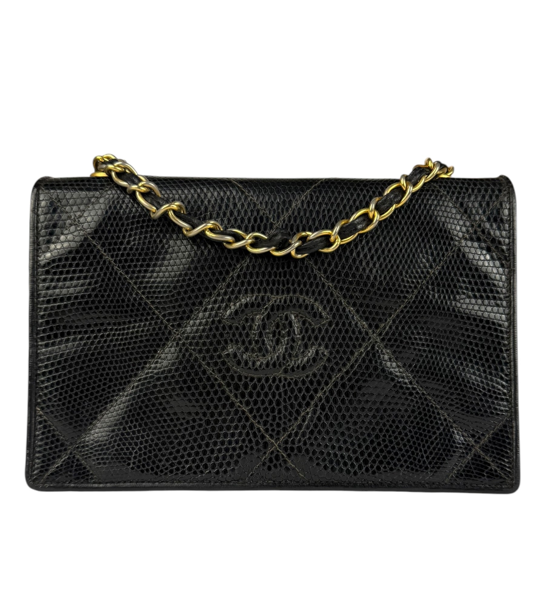 Chanel Vintage Black Lizard Leather Chain Flap Bag 1987