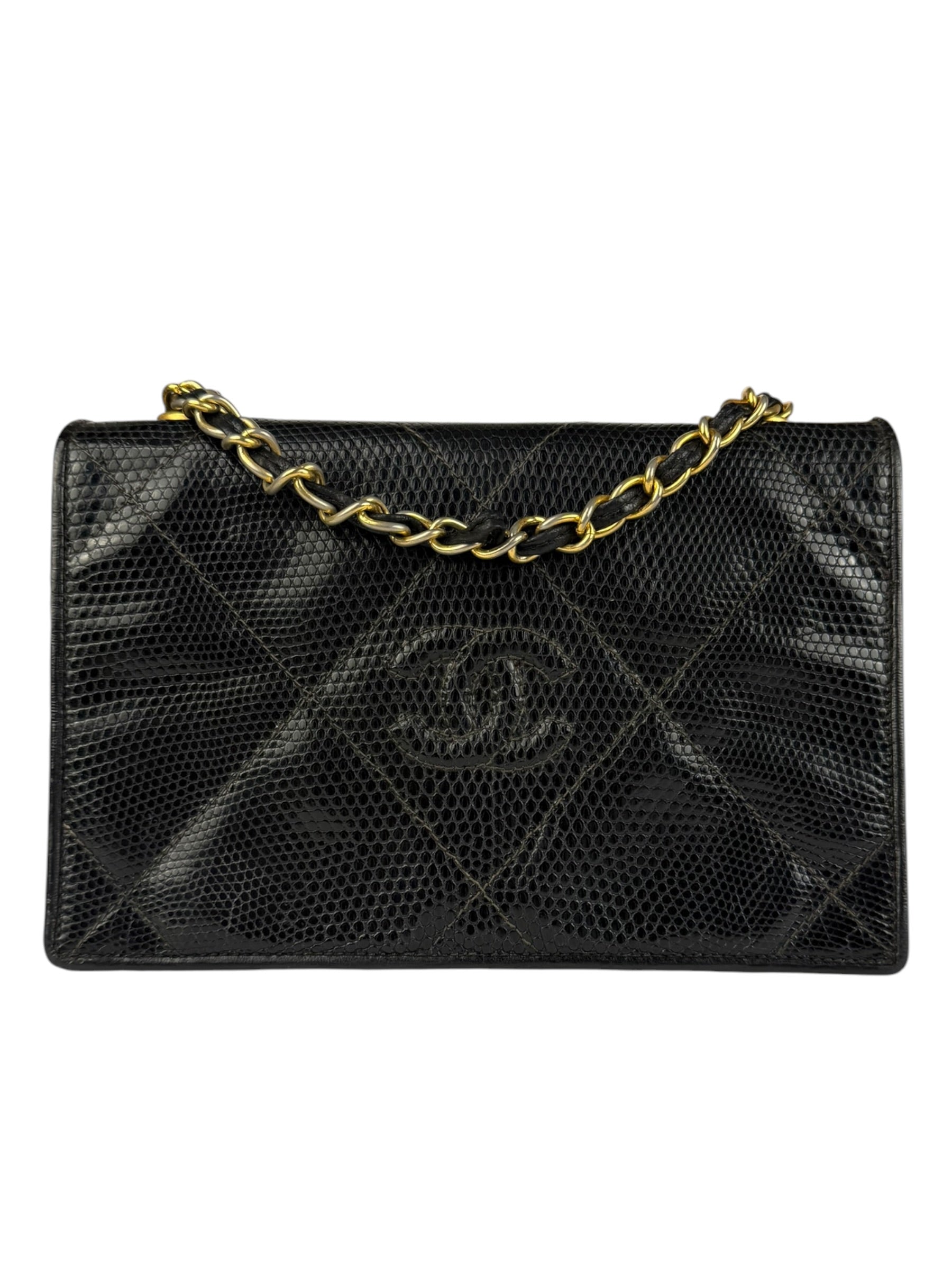 Chanel Vintage Black Lizard Leather Chain Flap Bag 1987