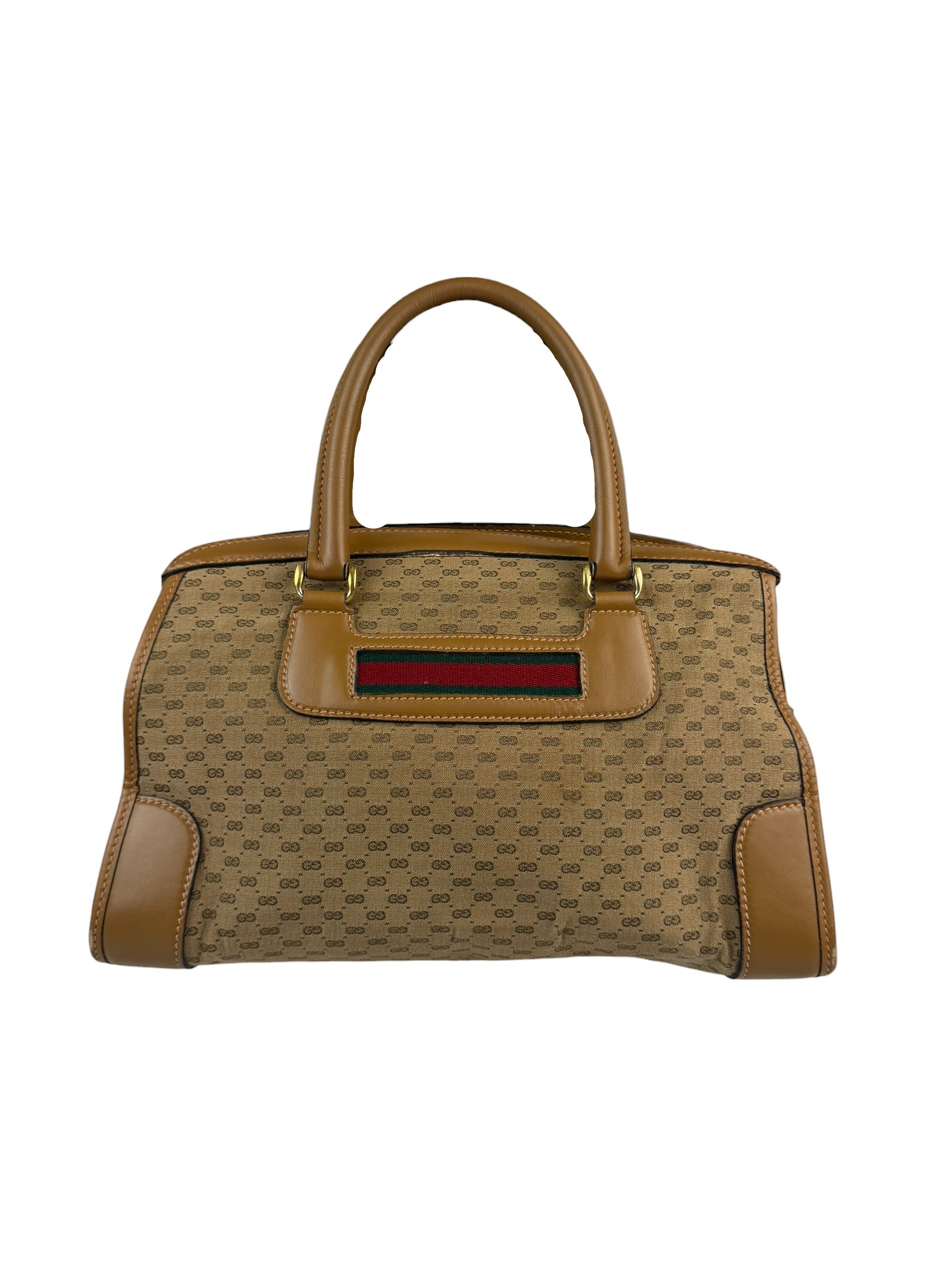 Gucci Brown Leather Trim Micro GG Sherry Line Boston Handbag