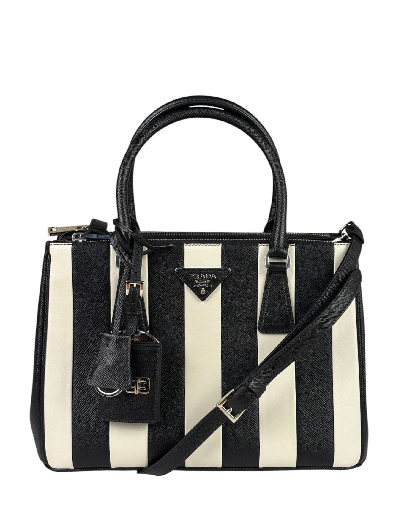 Prada Black/White Saffiano Leather Striped Two-Way Bag