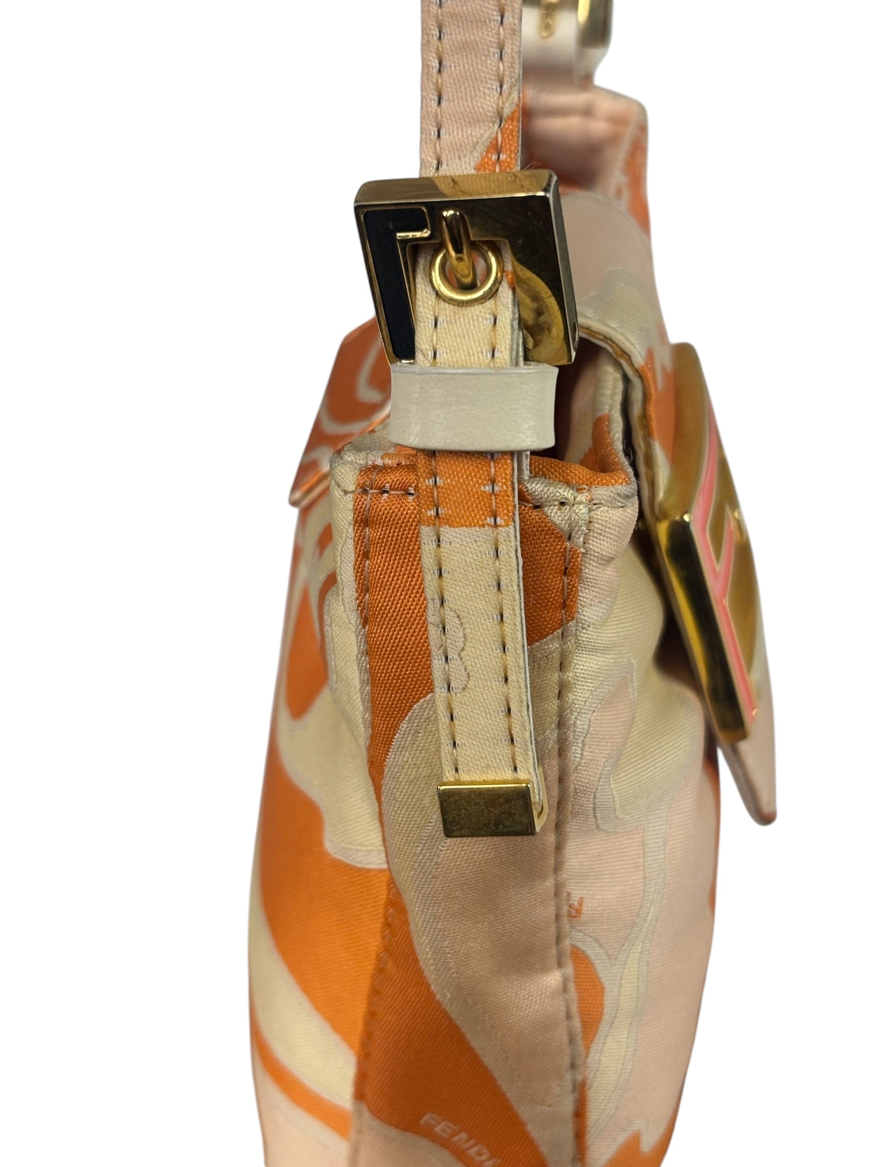Fendi Orange Leather Trim/Satin Swirl Print Mini Baguette
