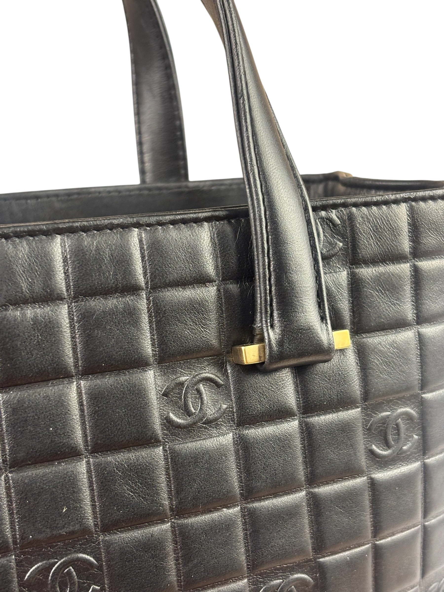 Chanel Vintage Black Leather Chocolate Bar Tote Bag 1992