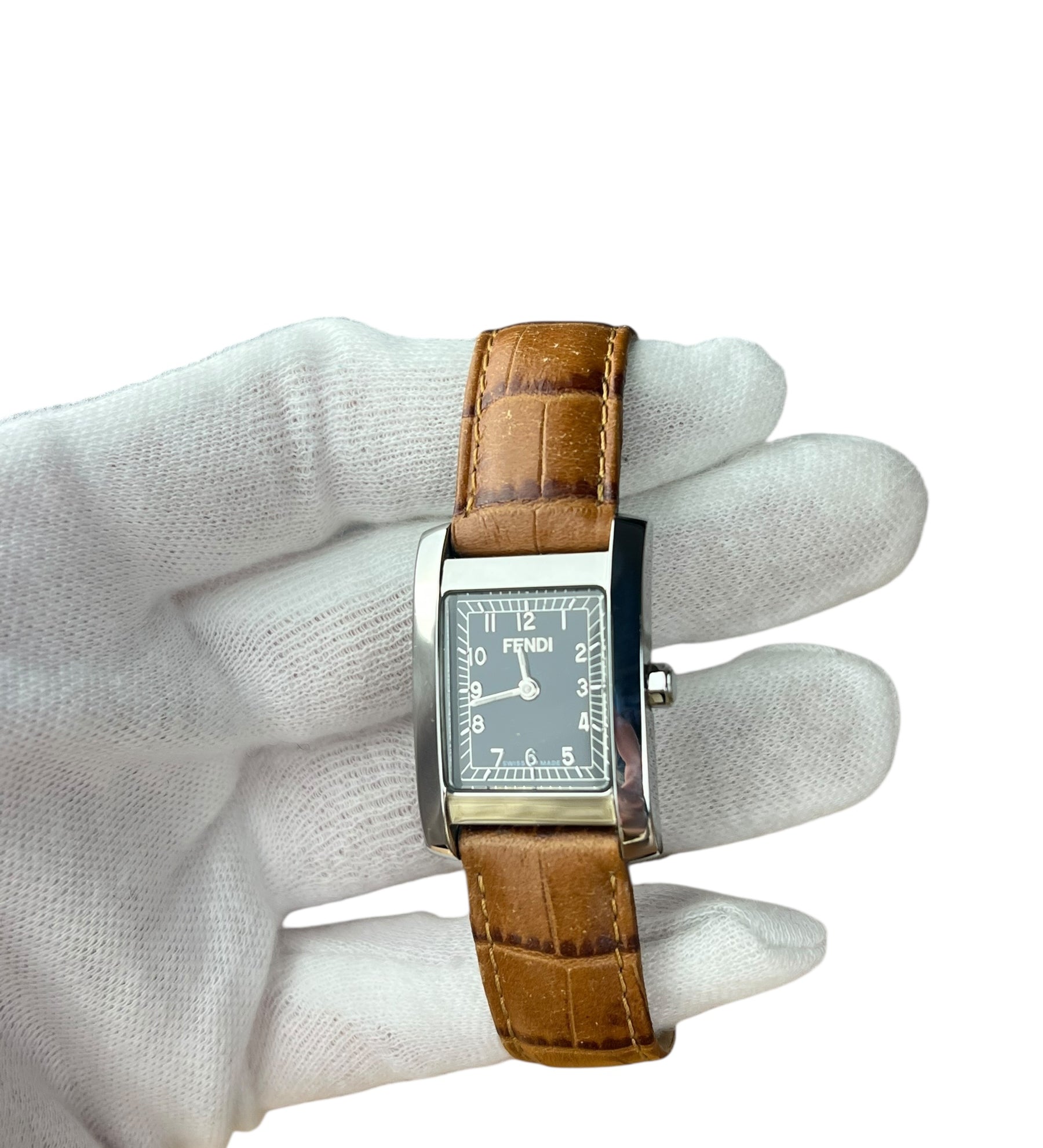 Fendi Black Dial Tank Brown Leather Strao