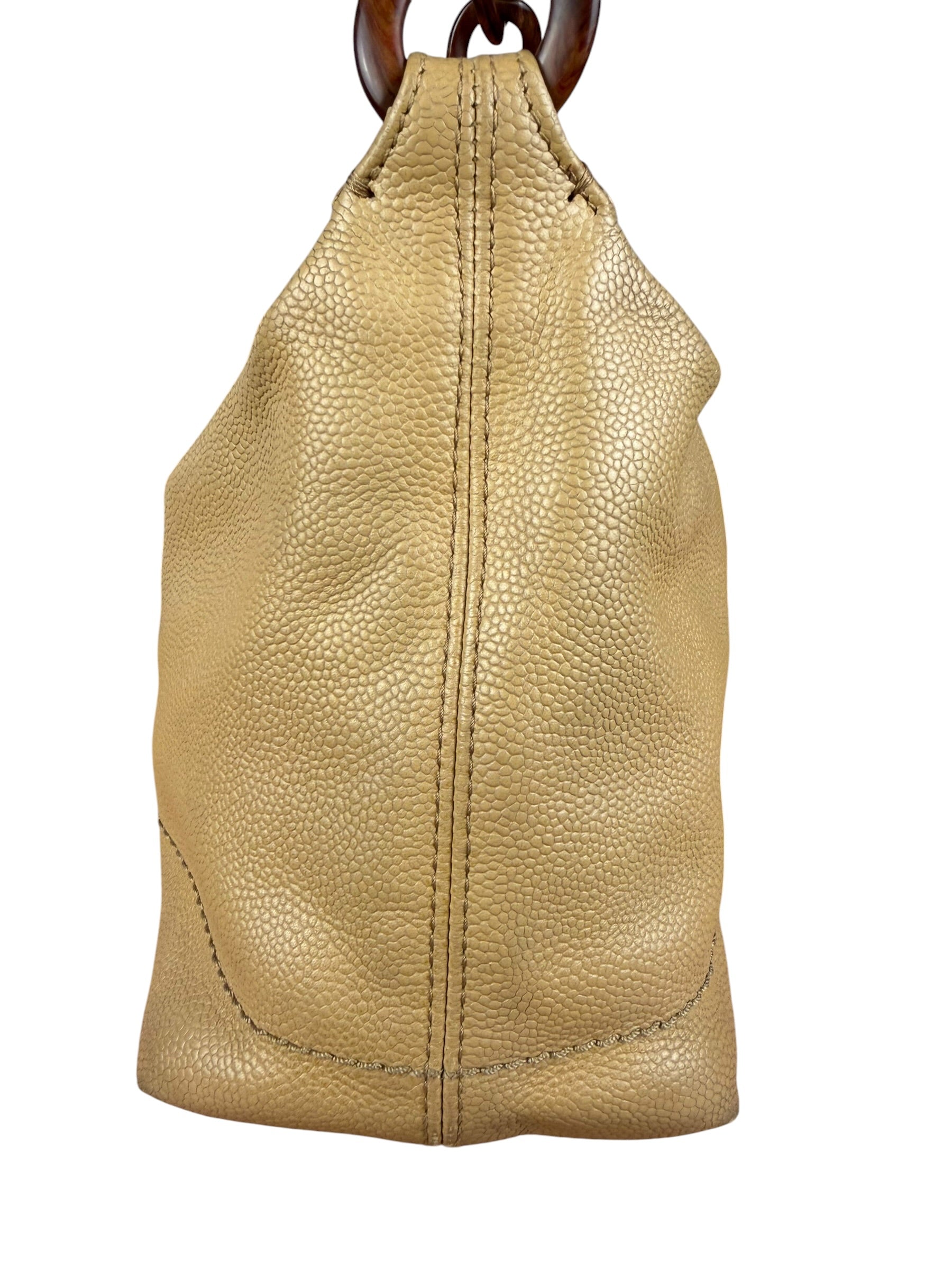 Chanel CC Vintage Beige Leather Caviar Wood Chain Hobo Bag