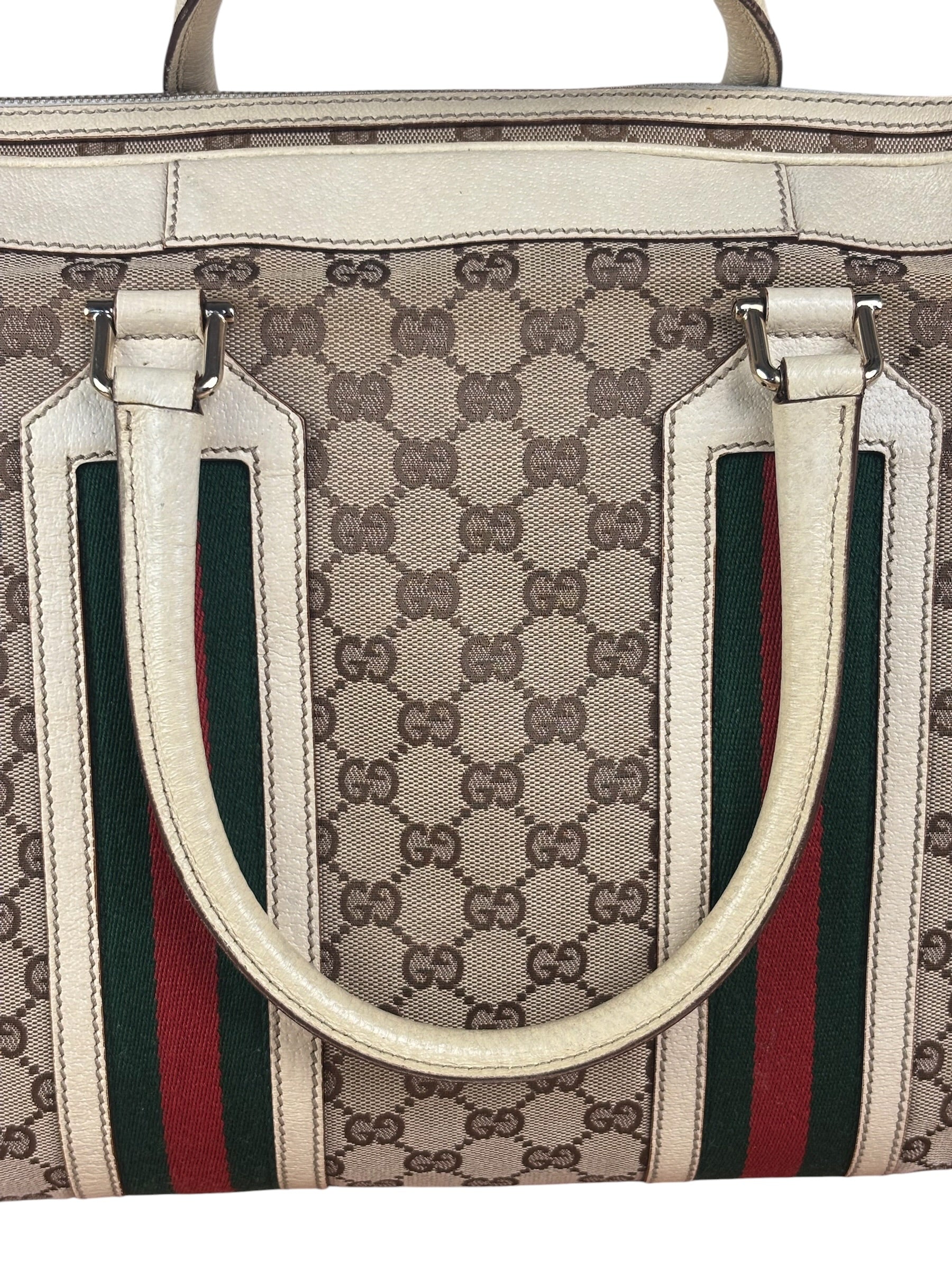 Gucci Leather Trim Monogram Canvas Web Stripe Tote Bag