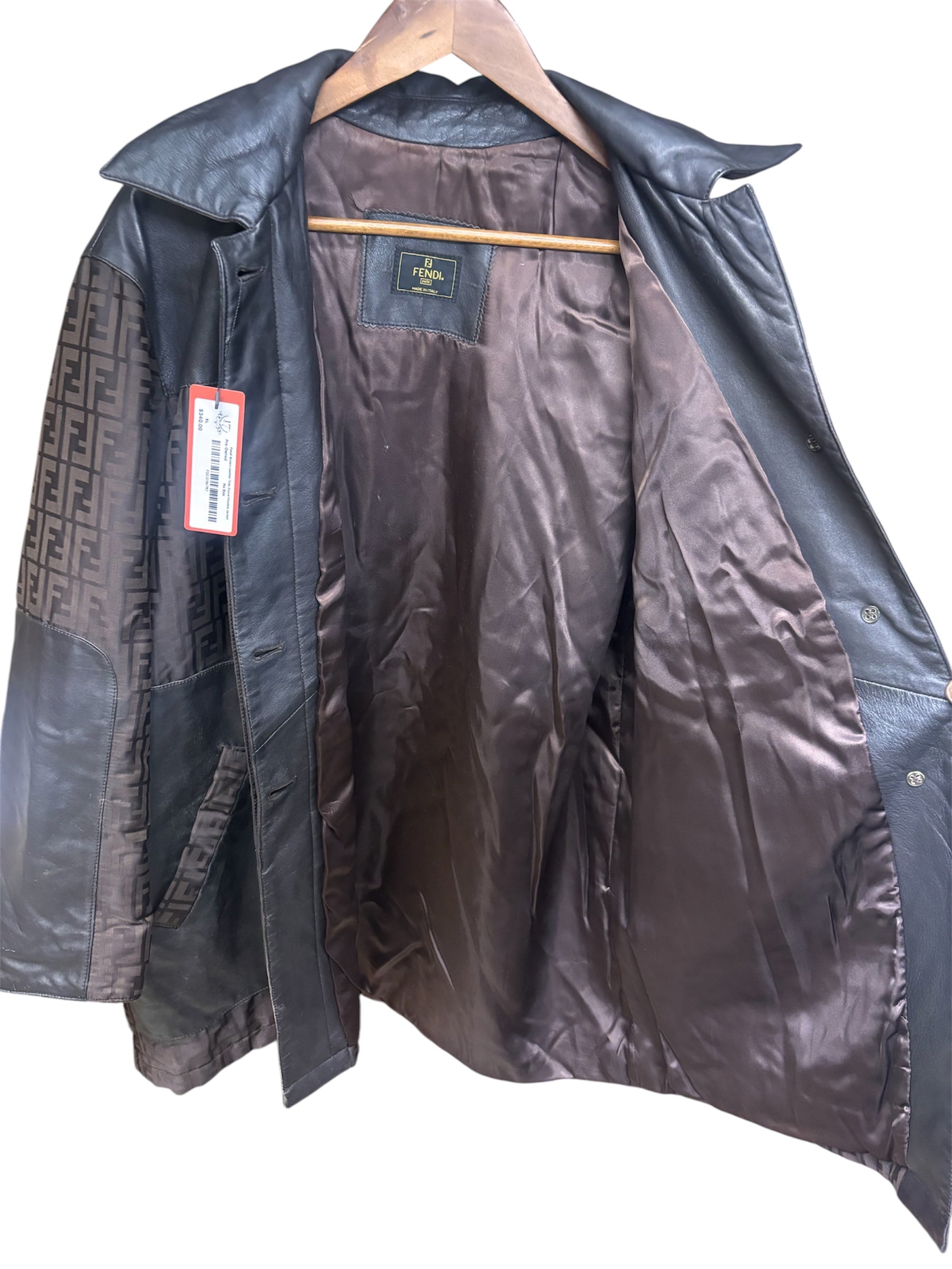 Fendi Brown Leather Trim Zucca Hooded Jacket