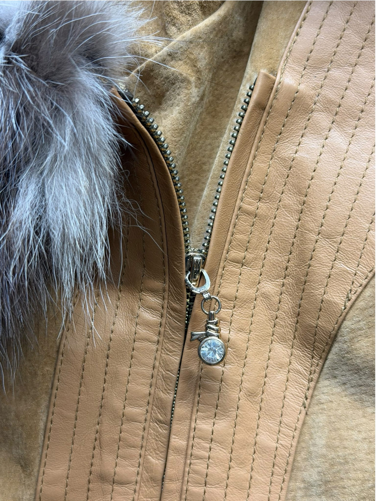 Vintage Zoee Fox Fur Trim Brown Leather Zip Jacket