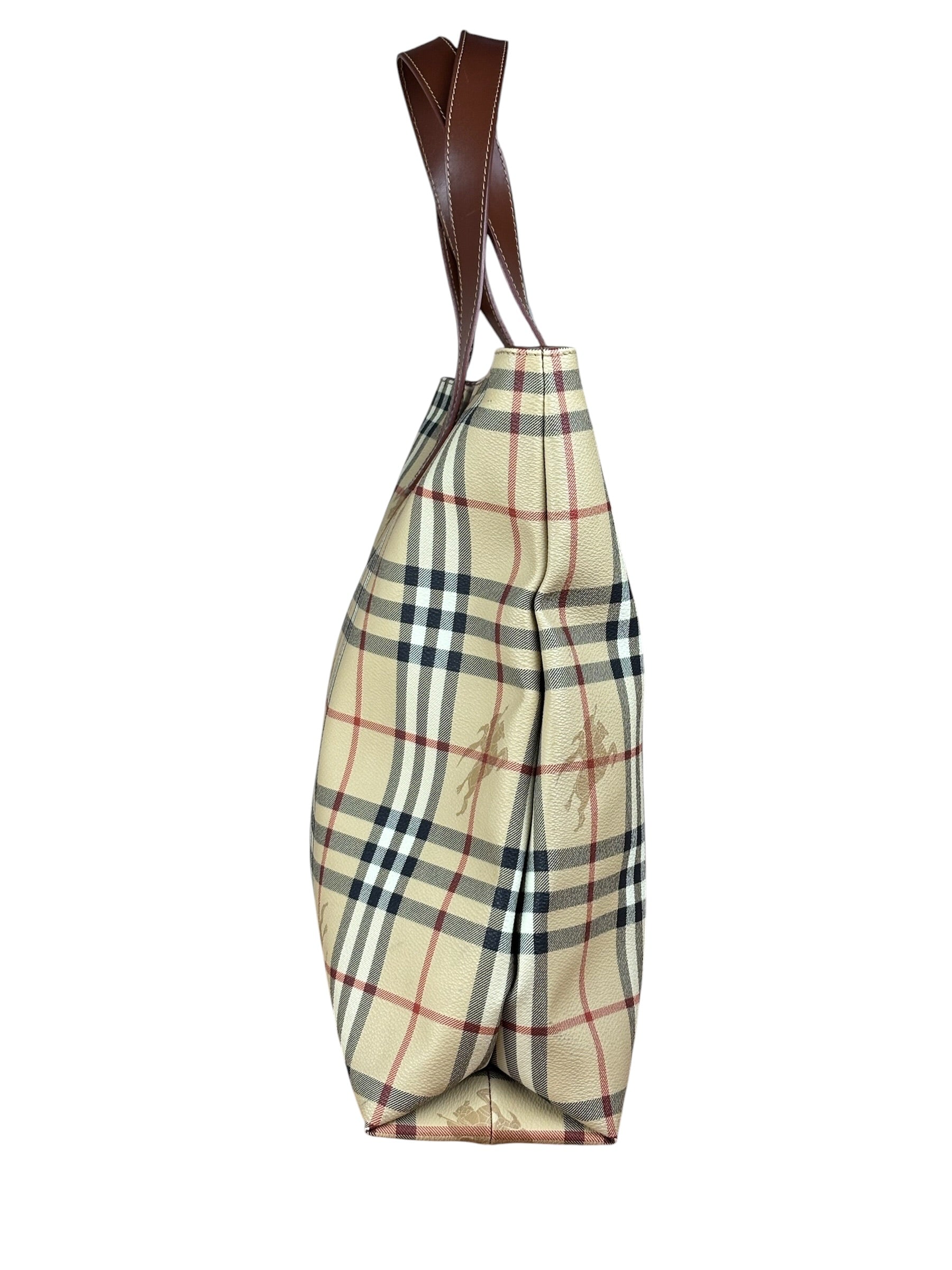 Burberry Vintage Brown Leather  Haymarket Canvas House Check Tote Bag