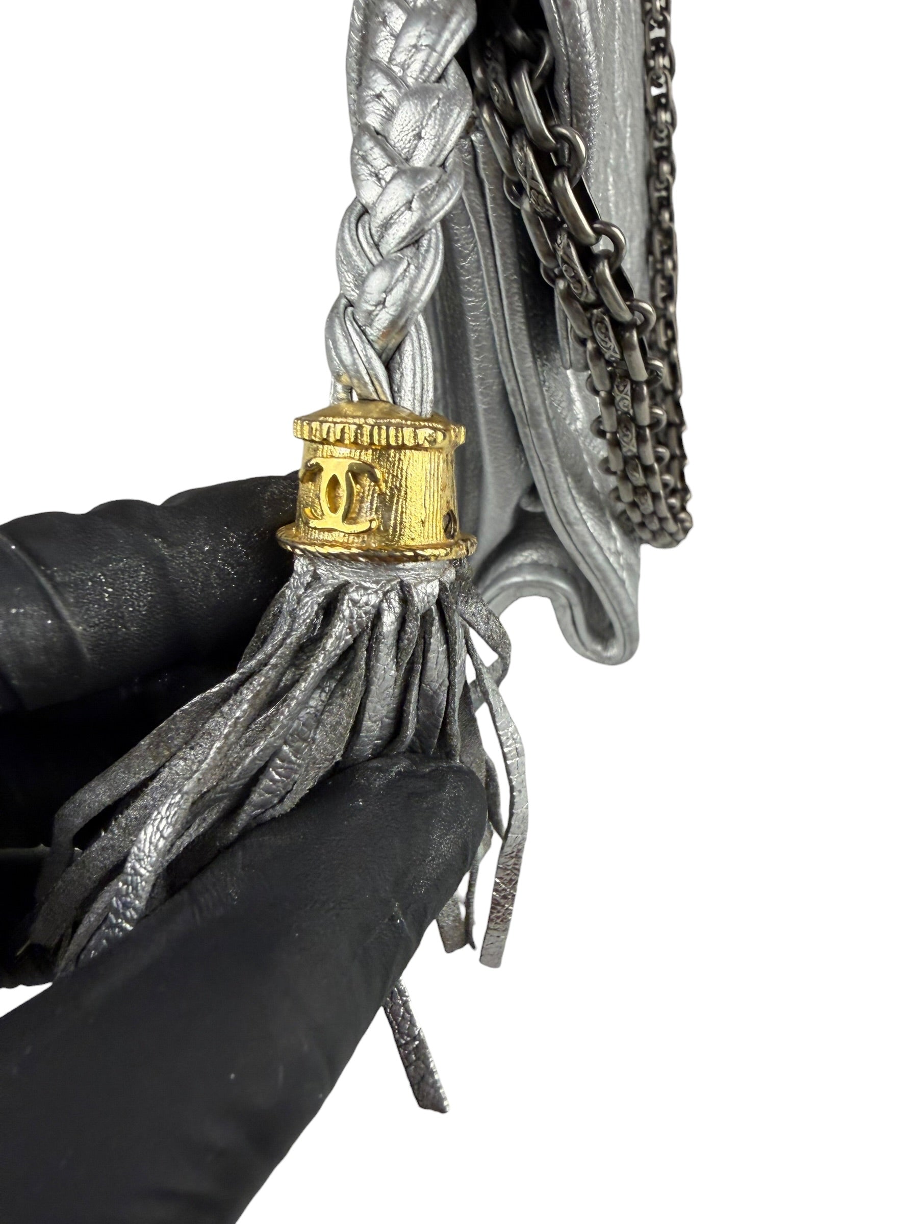 Chanel Vintage Metallic Silver Quilted Tassel Flap Bag 1997