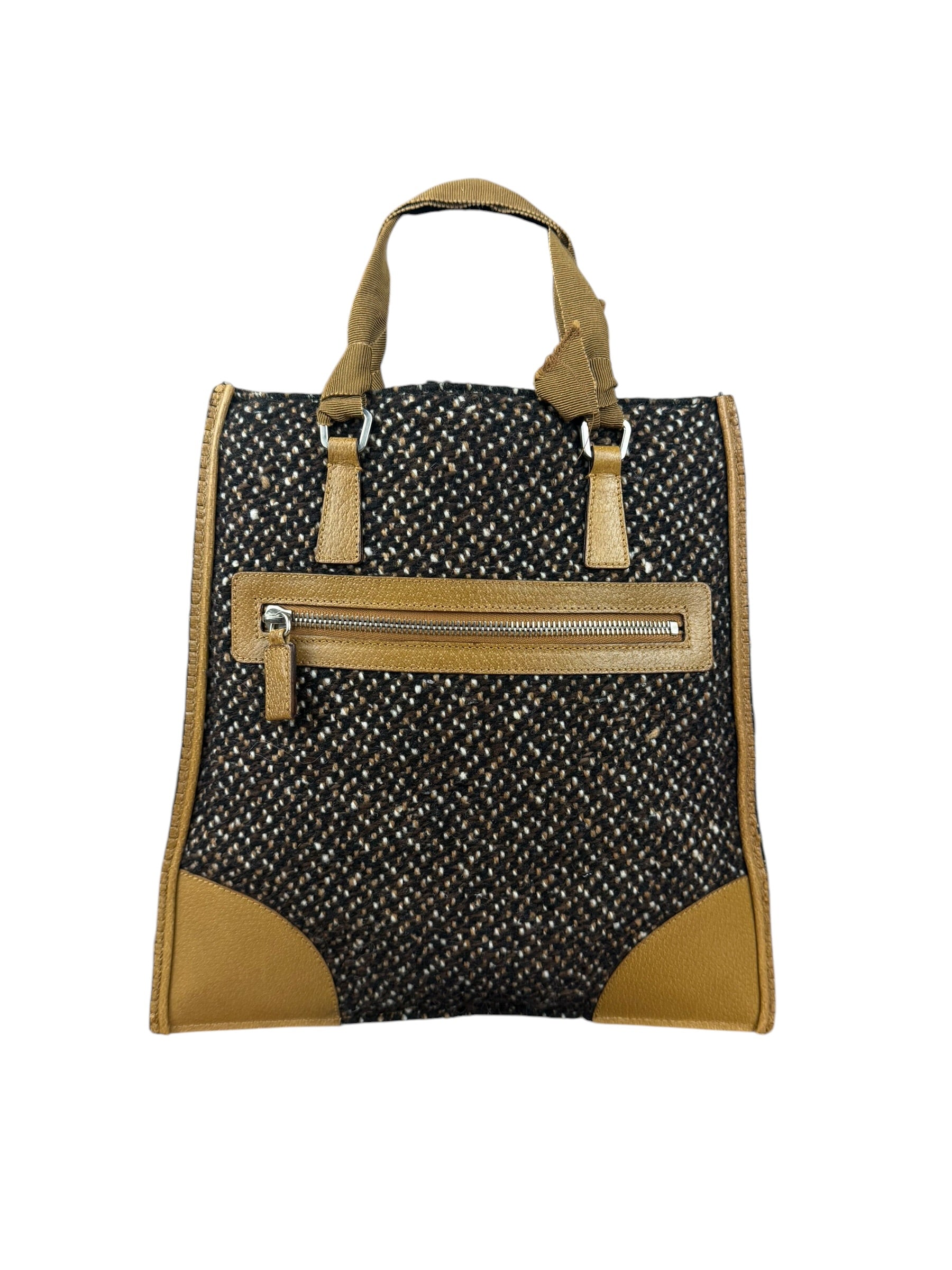 Prada Vintage Brown/Black Woven Tweed Trim Tote Handbag