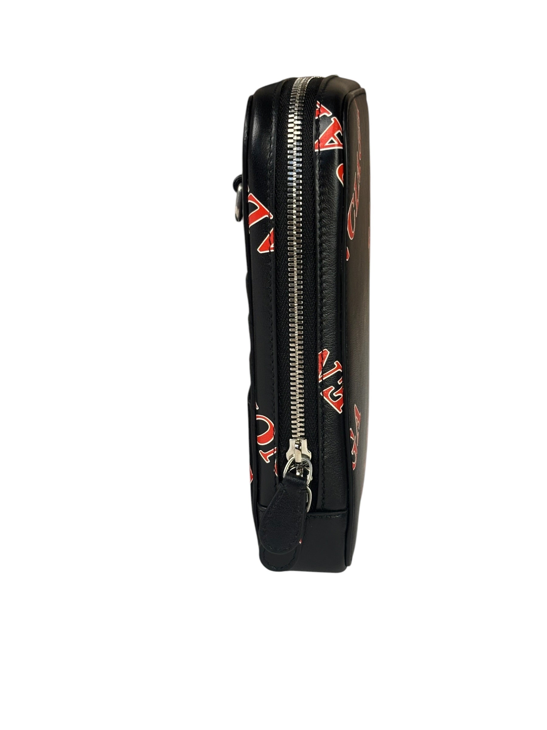 Balenciaga Black Leather Logo Print Phone/Card Holder