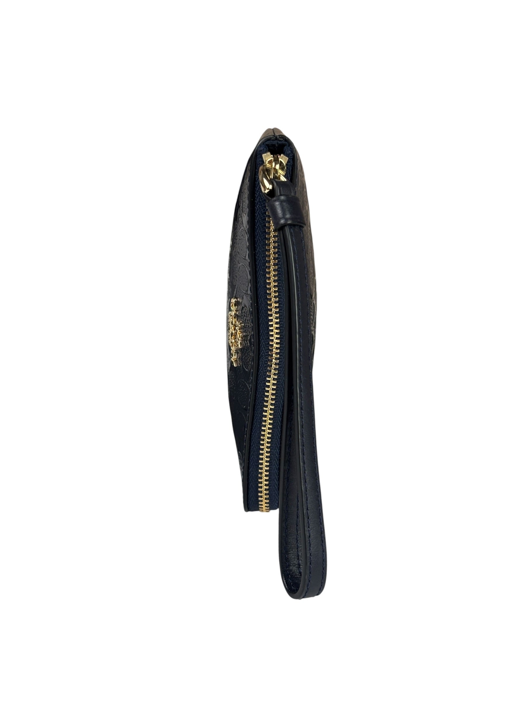 Coach Navy Blue Patent Leather Signature Corner Zip Wristlet