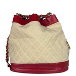 Chanel Vintage Beige/Red Leather Trim Drawstring Bucket Bag 1989