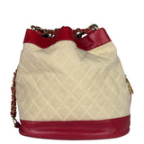 Chanel Vintage Beige/Red Leather Trim Drawstring Bucket Bag 1989