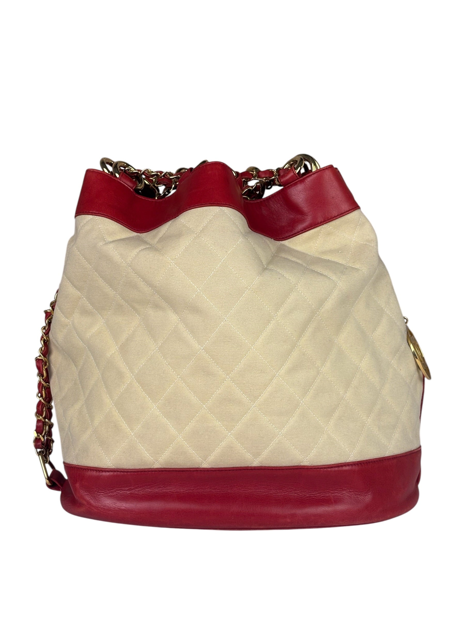 Chanel Vintage Beige/Red Leather Trim Drawstring Bucket Bag 1989