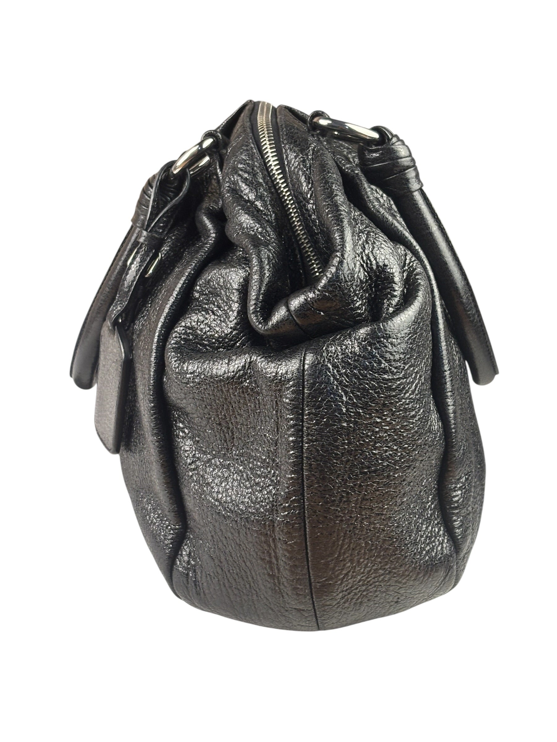 Prada Shiny Black Cervo Pleated Shoulder Bag