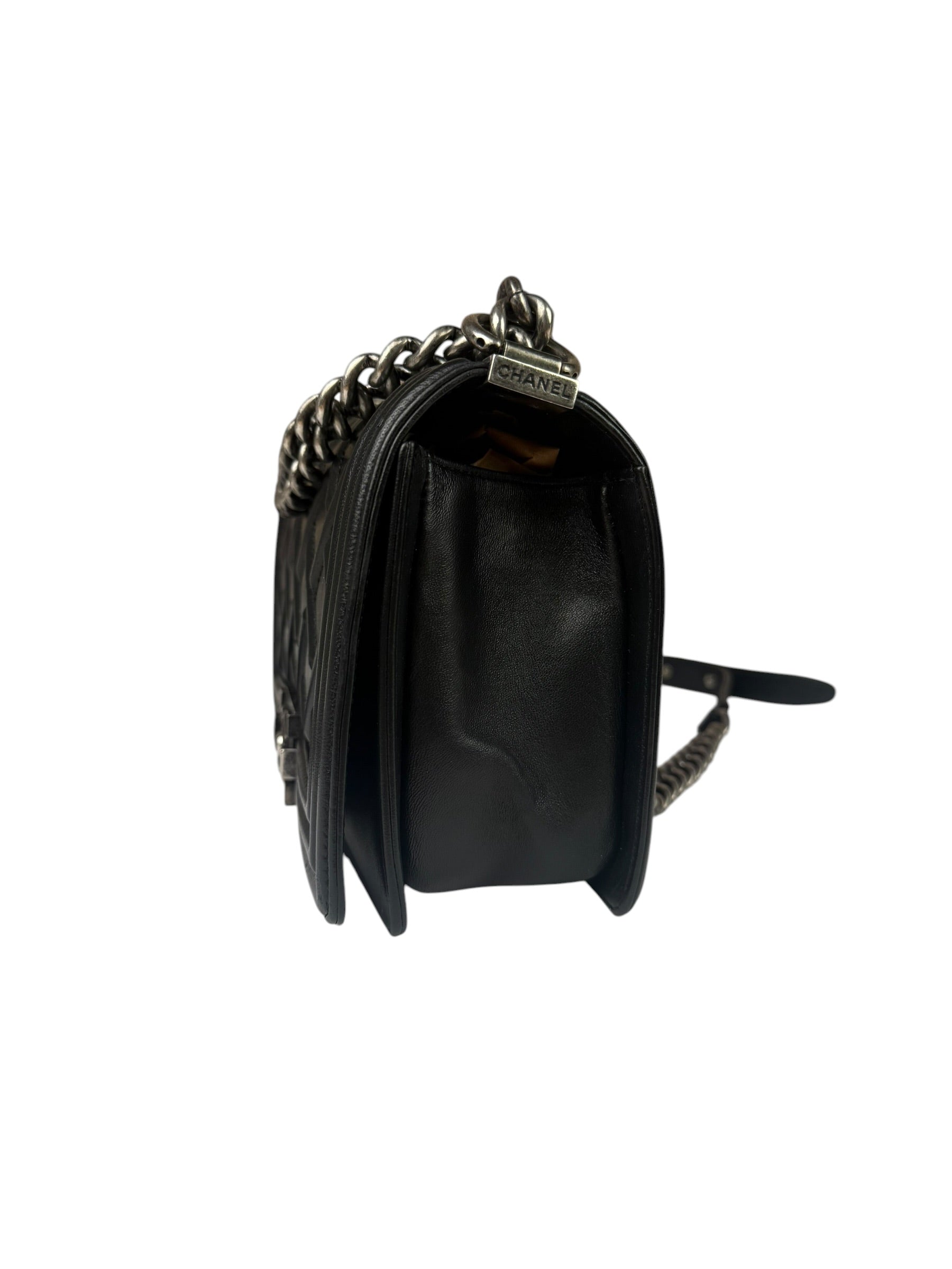 Chanel Black Leather Diamond Quilted Medium Boy Bag 2012