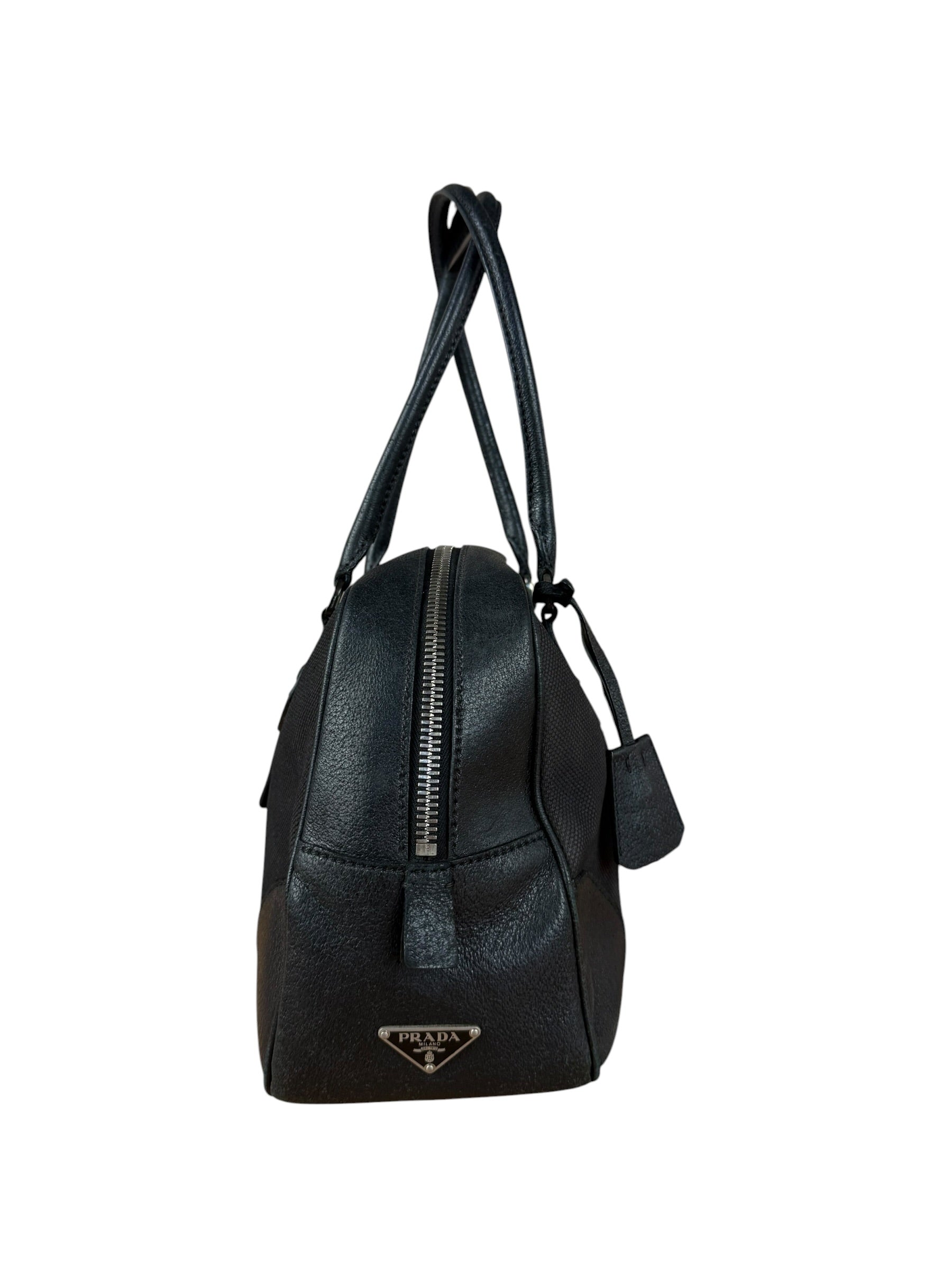 Prada Vintage Black Canvas Leather Trim Bowler Shoulder Bag