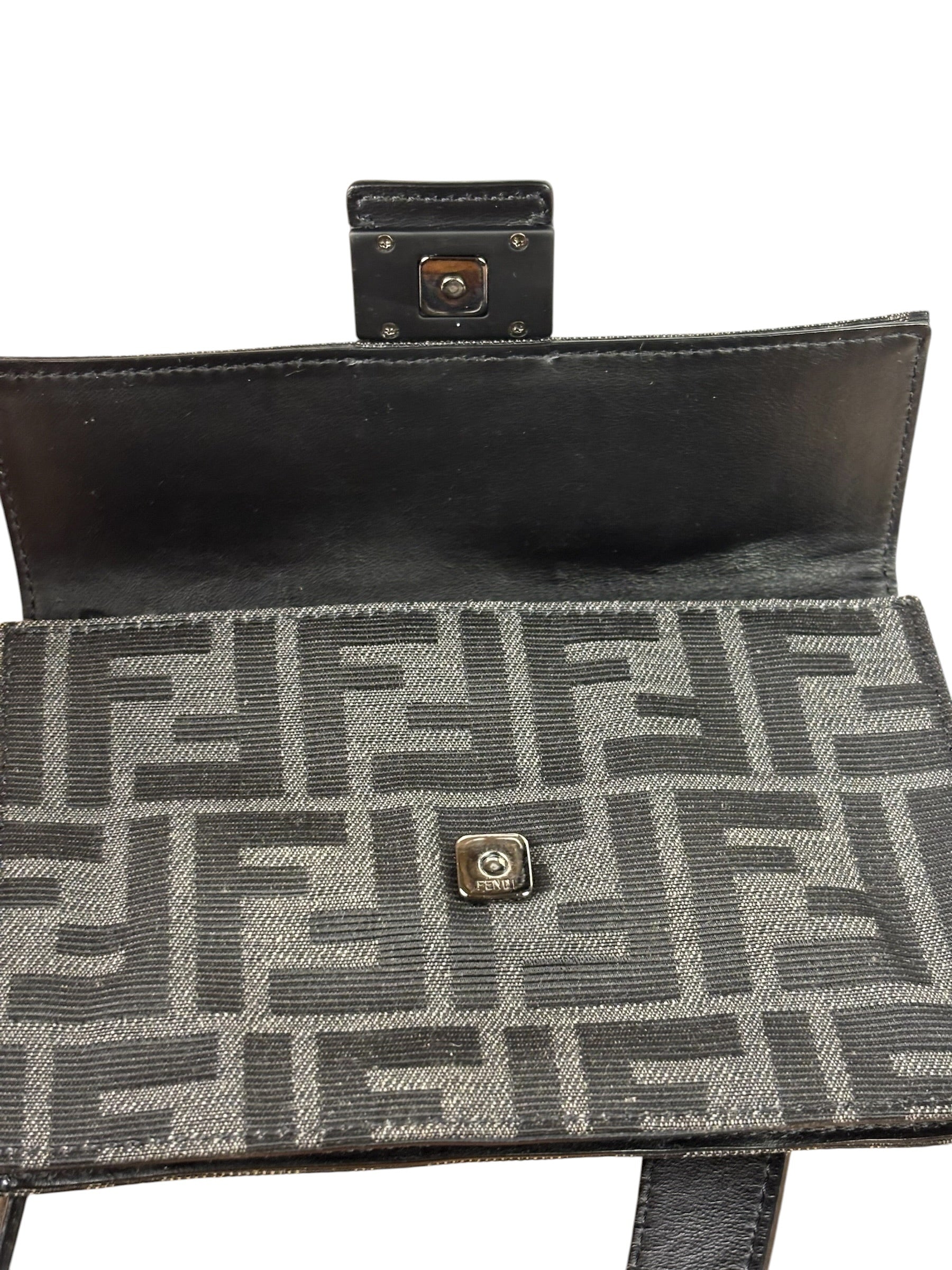 Fendi FF Black Canvas Flap Mini Baguette Shoulder Bag