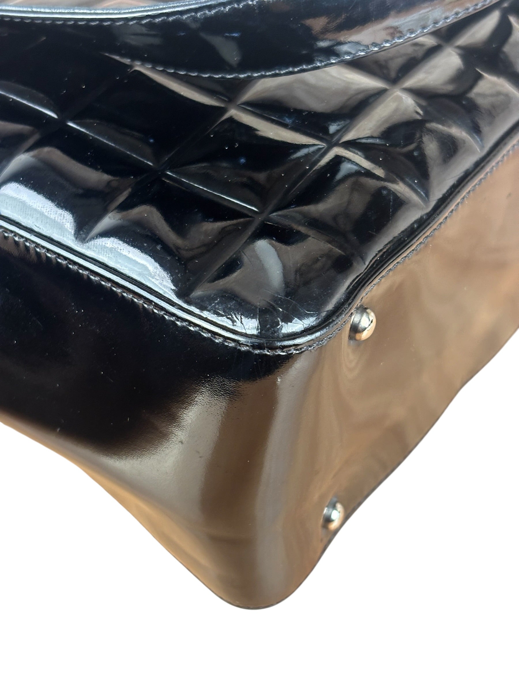 Chanel Vintage Black Patent Leather Chocolate Bar Tote Bag 2002
