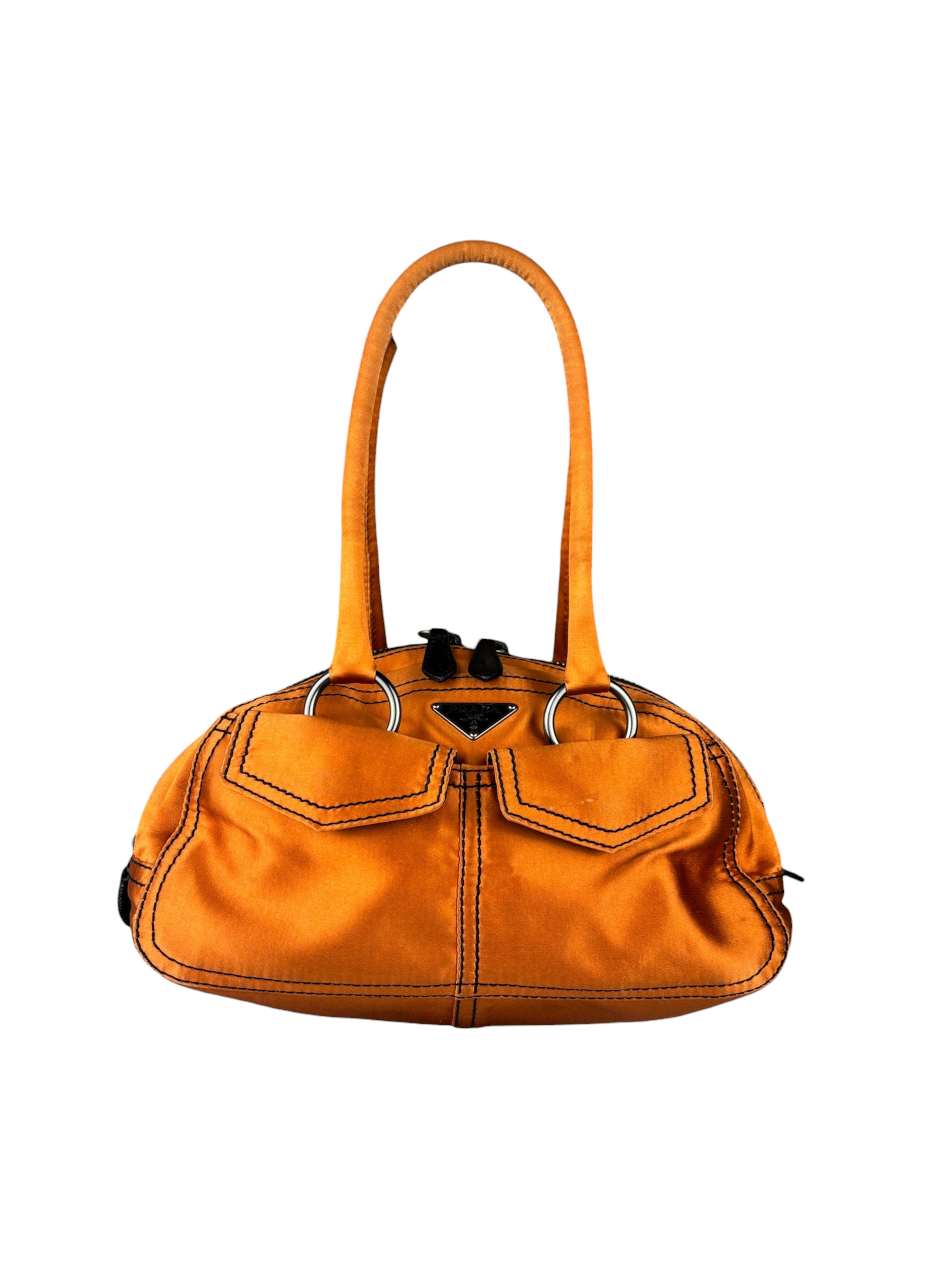Prada Orange Satin Double Pocket Satchel Shoulder Bag