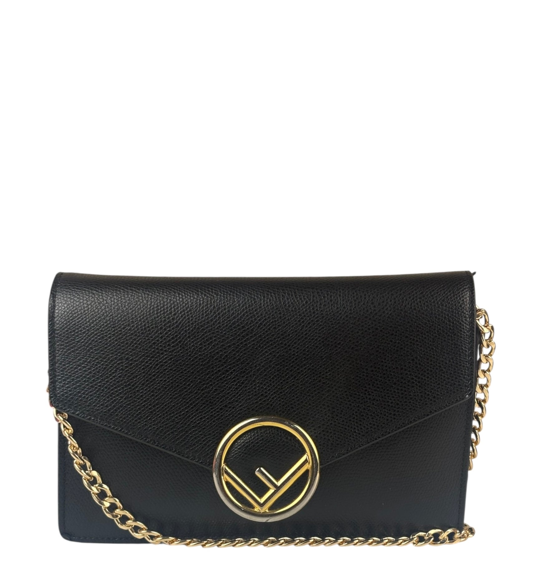 Fendi Black Leather F Envelope Wallet On Replacement Chain