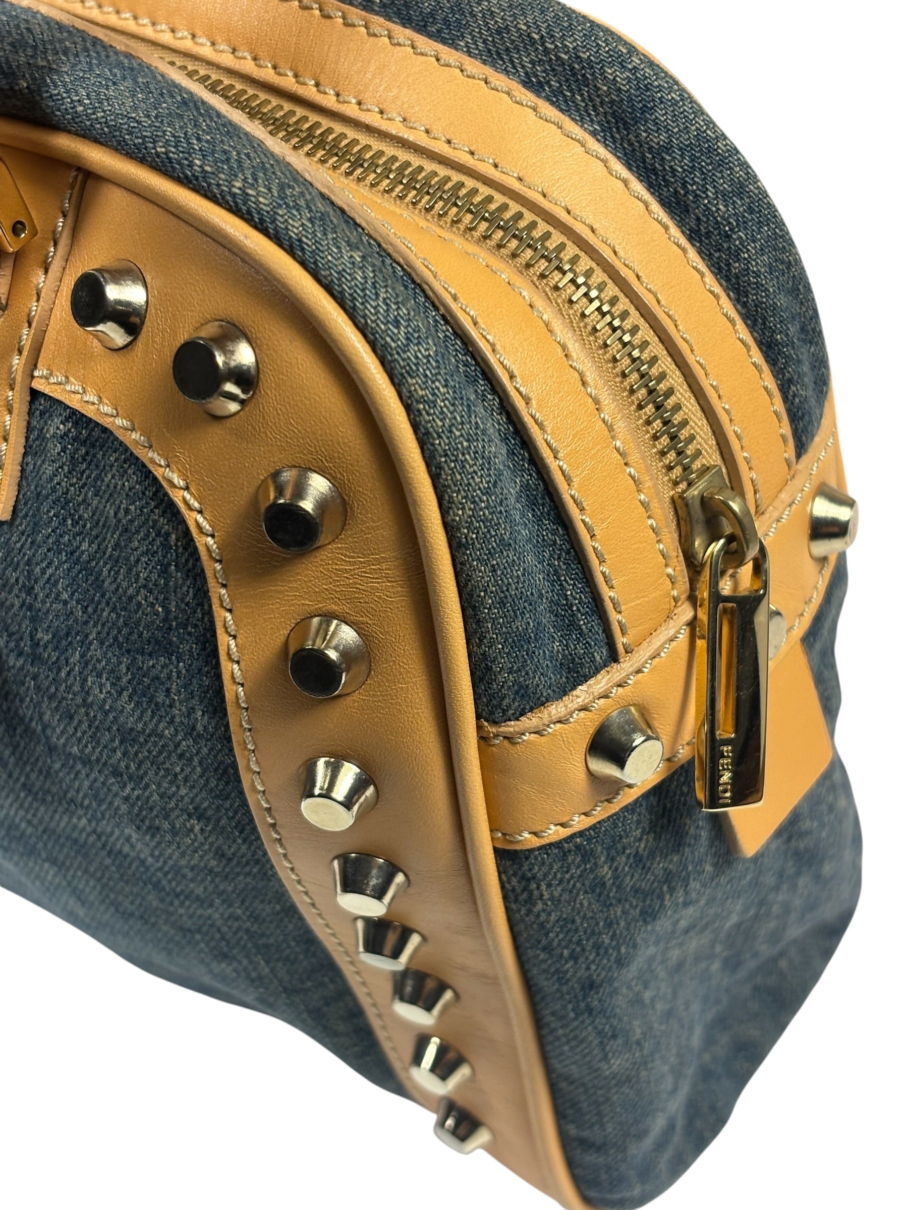 Fendi Blue/Brown Denim/Leather Trim Studded Shoulder Bag