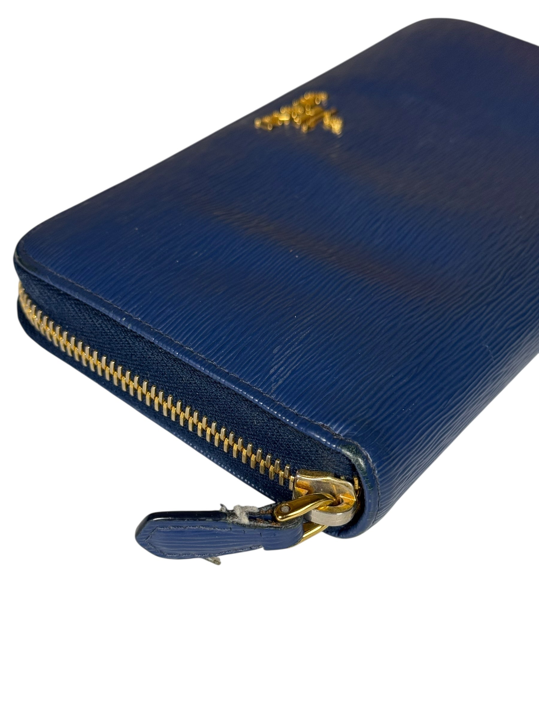 Prada Long Zip Leather Wallet Blue