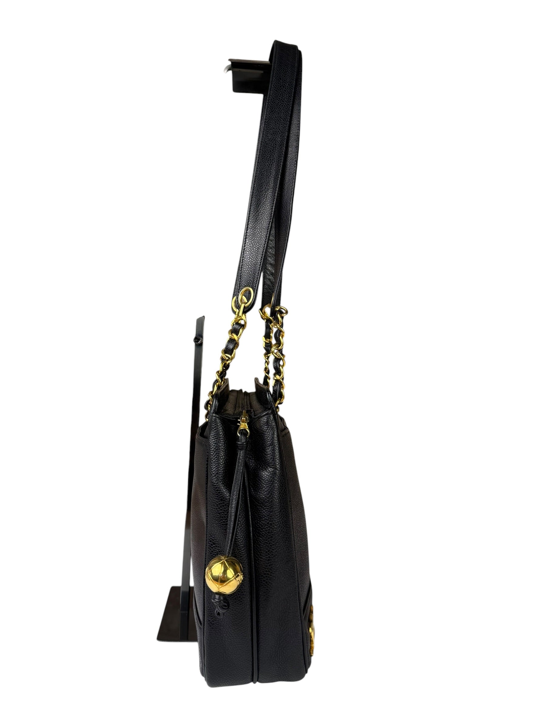 Chanel Vintage Black Caviar Leather Triple CC Chain Tote Bag