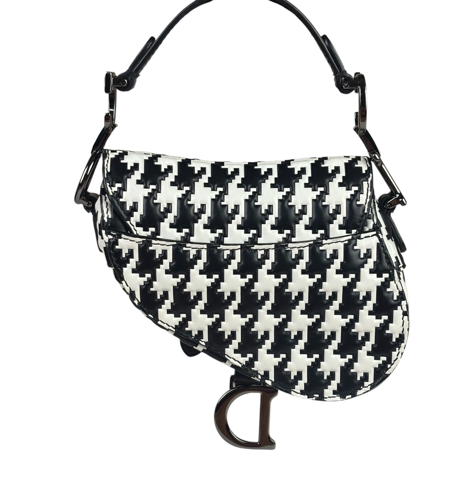 Christian Dior White/Black Leather Houndstooth Micro Saddle Bag