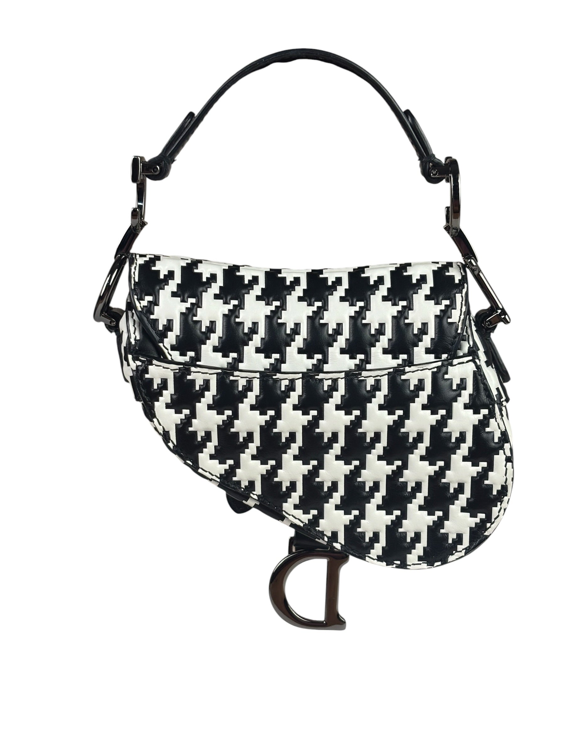 Christian Dior White/Black Leather Houndstooth Micro Saddle Bag