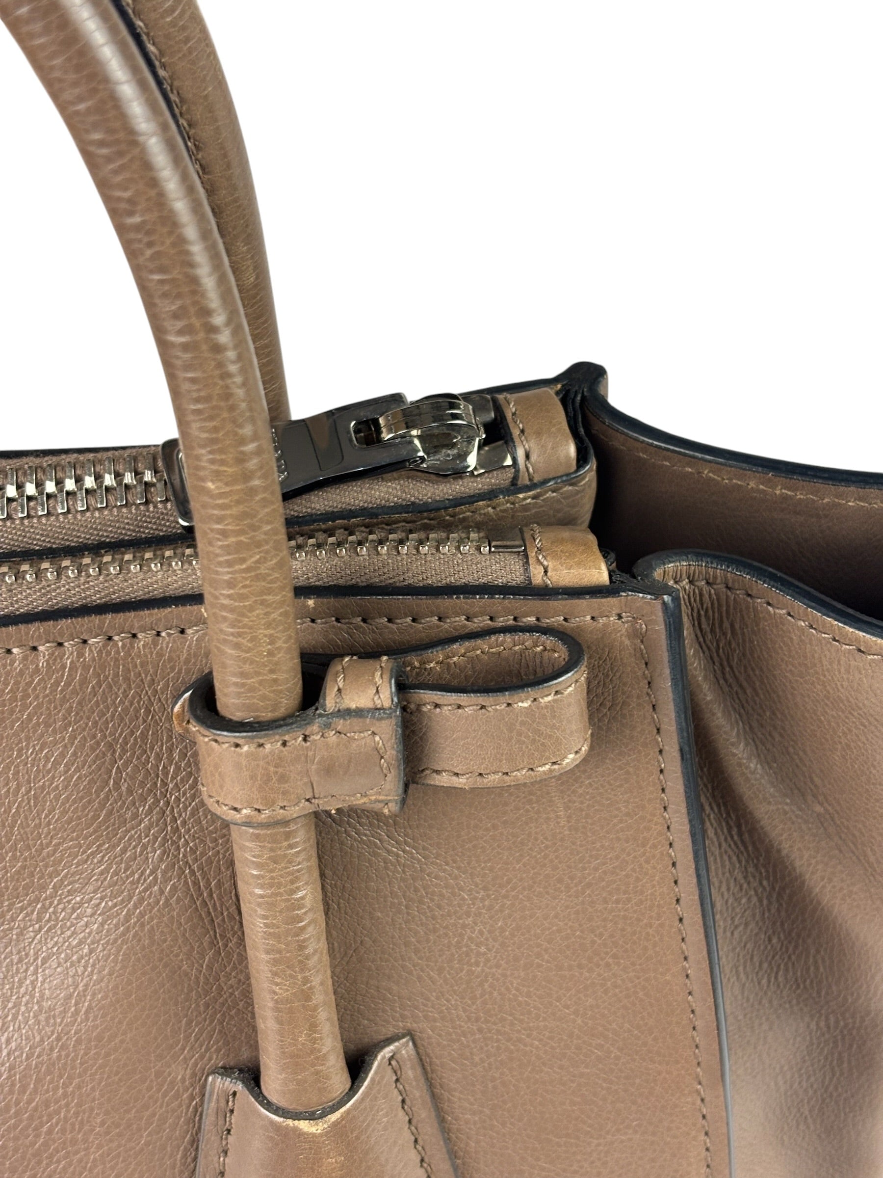 Prada Neutral Taupe Glace Calf Twin Pocket Two-Way Tote