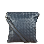 Bottega Veneta Navy Blue Leather Intrecciato Woven Flat Crossbody Bag