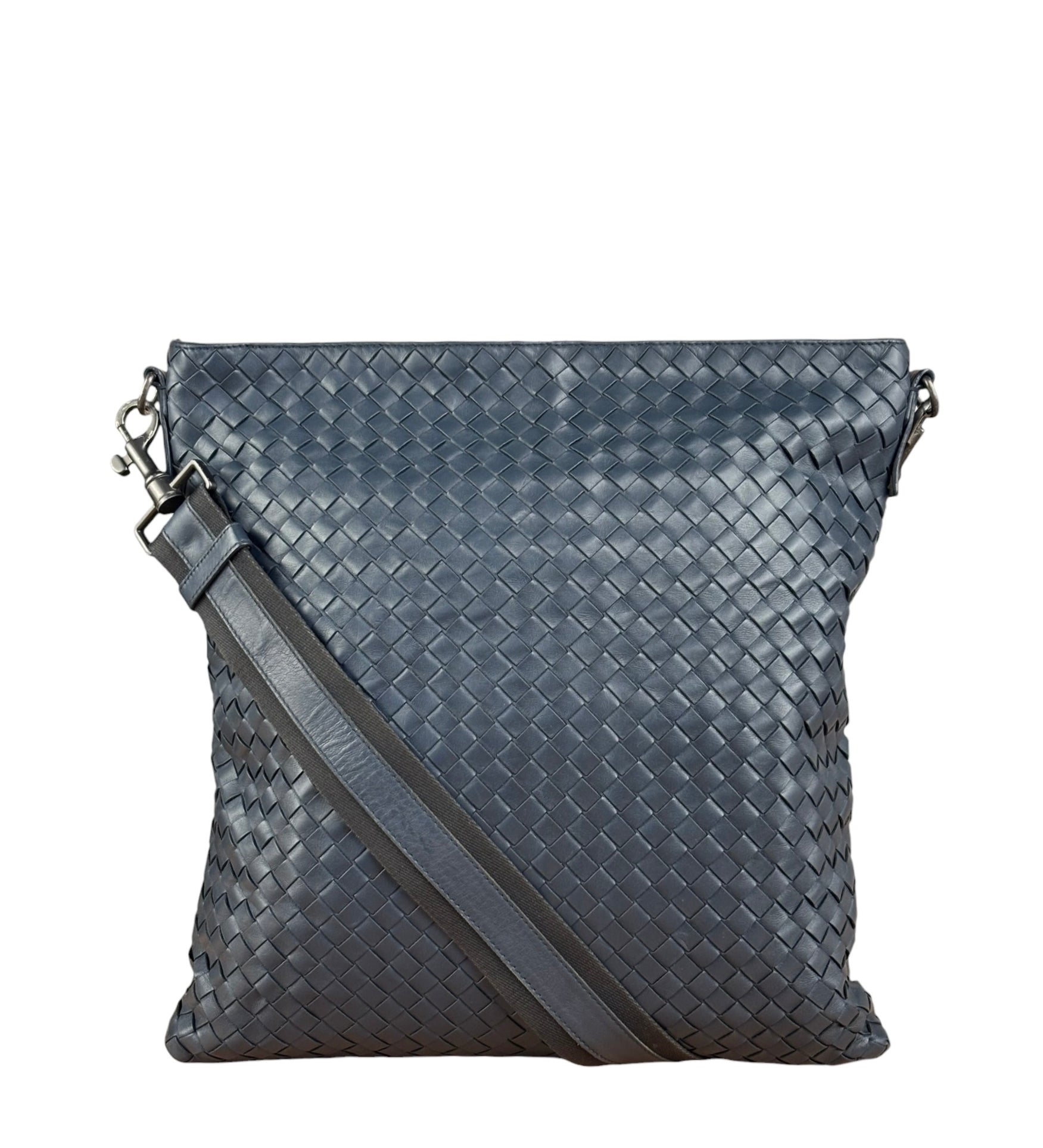 Bottega Veneta Navy Blue Leather Intrecciato Woven Flat Crossbody Bag