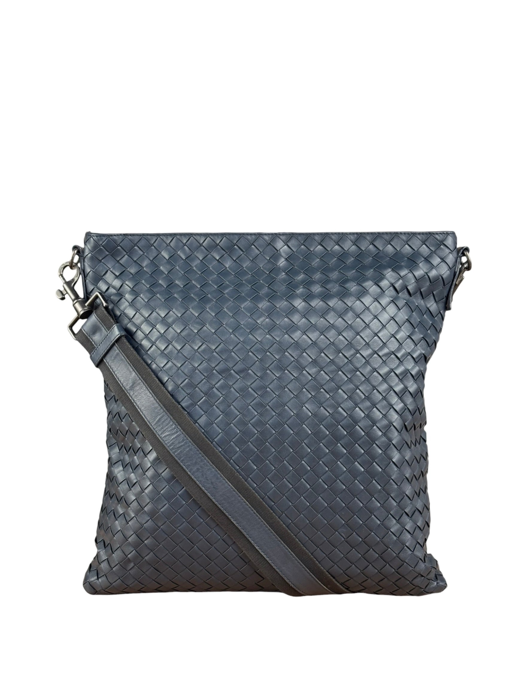 Bottega Veneta Navy Blue Leather Intrecciato Woven Flat Crossbody Bag
