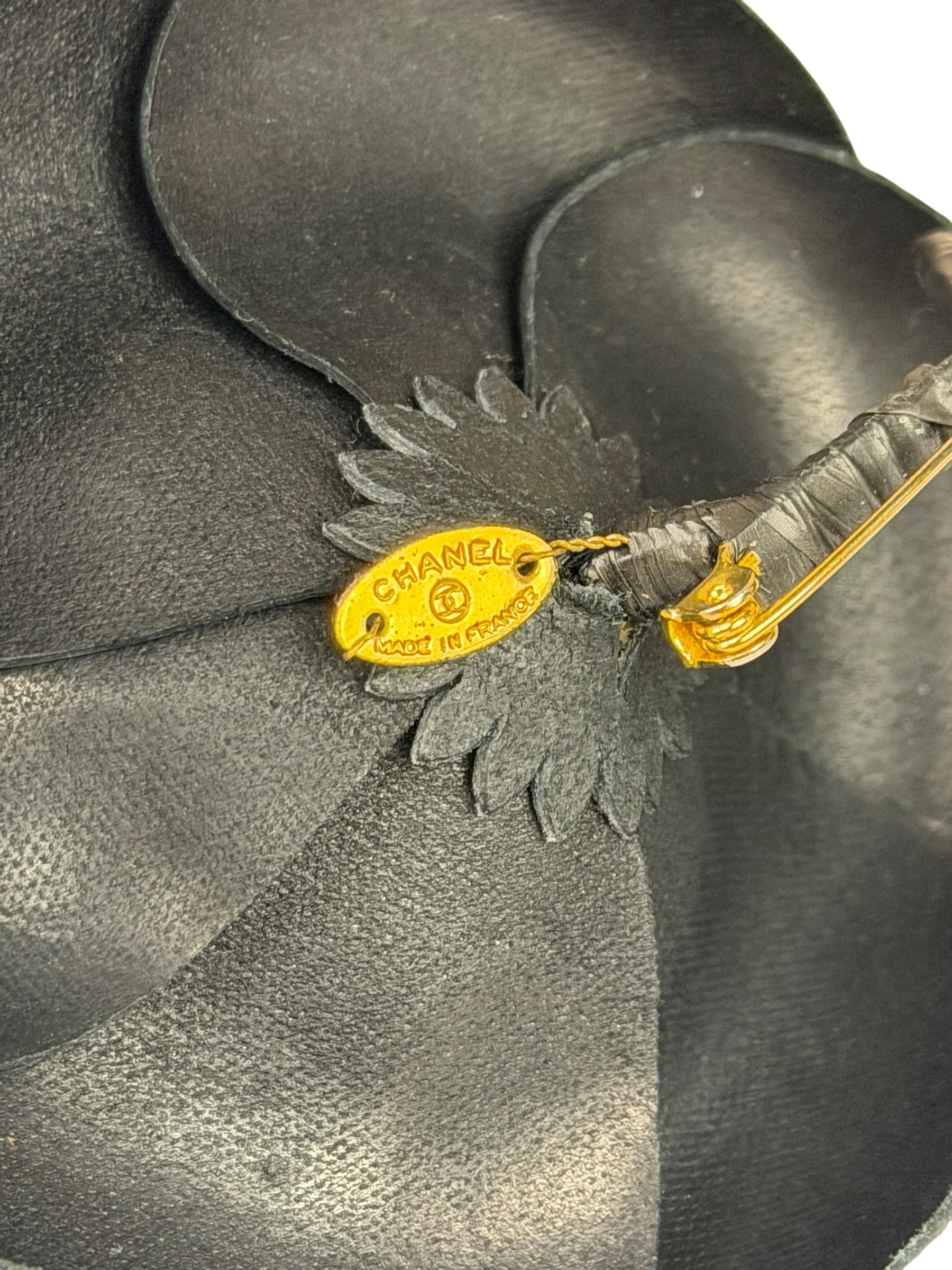 Chanel Vintage Black Leather Camellia Flower Brooch