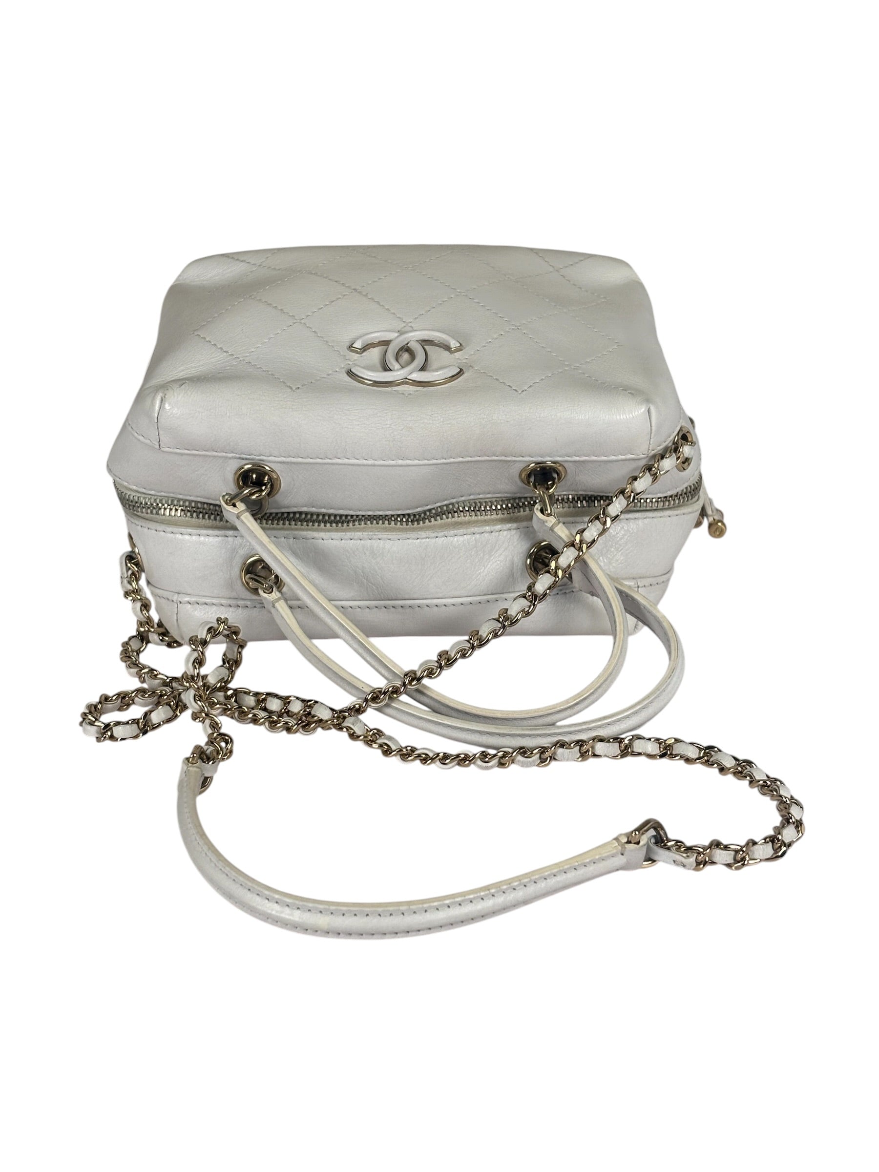 Chanel White Quilted Leather Vanity Small Bowling Two-Way Bag 2019