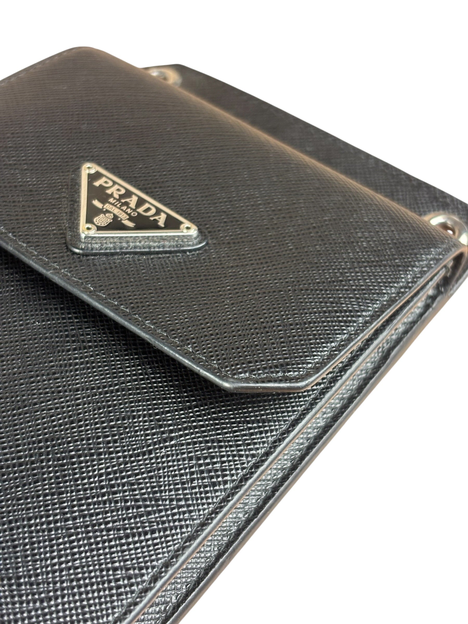 Prada Black Leather Saffiano Phone Holder