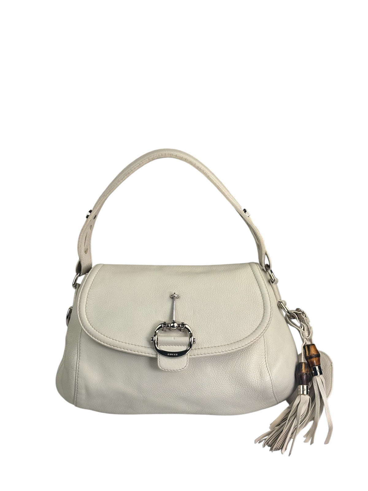 Gucci White Leather Techno Horsebit Shoulder Bag
