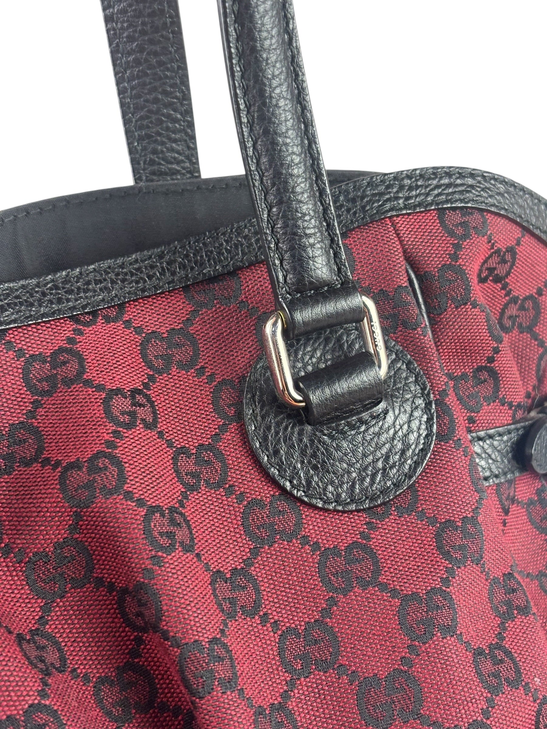 Gucci Red/Black Leather Trim GG Full Moon Tote