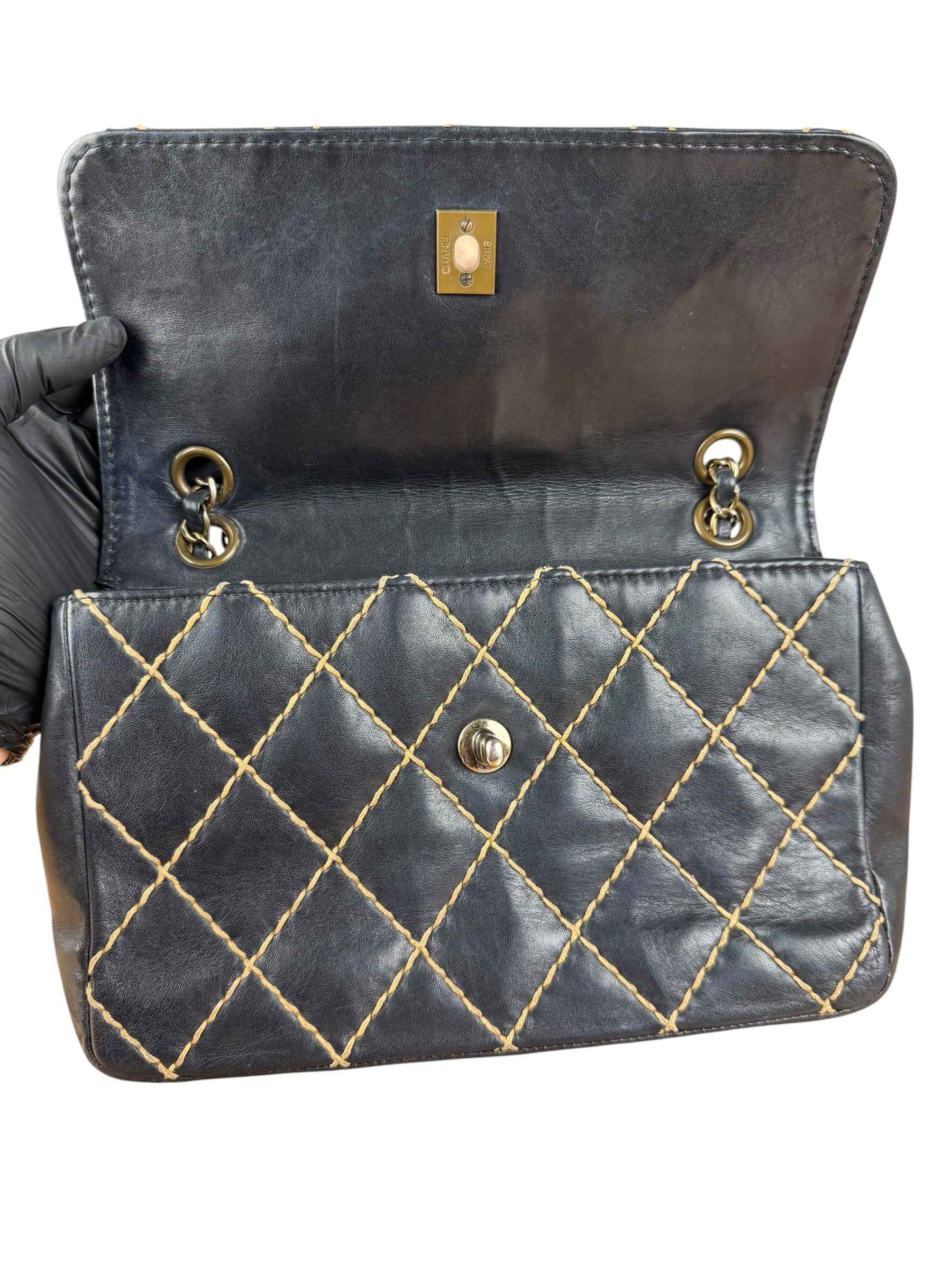 Chanel Vintage Navy Blue Leather Wild Stitch Surpique Flap Bag 2001