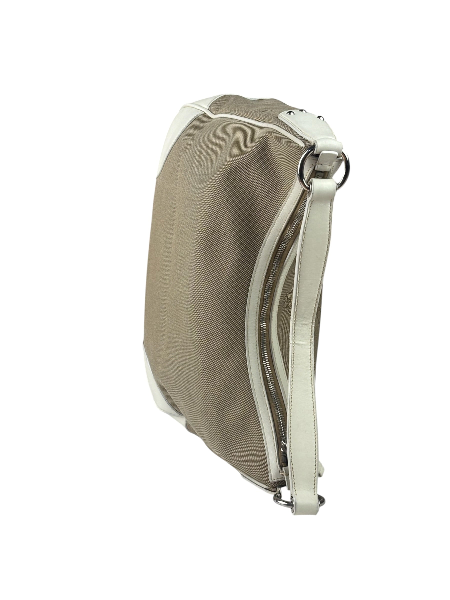 Prada Beige/Cream Leather Trim Logo Jacquard Hobo Bag