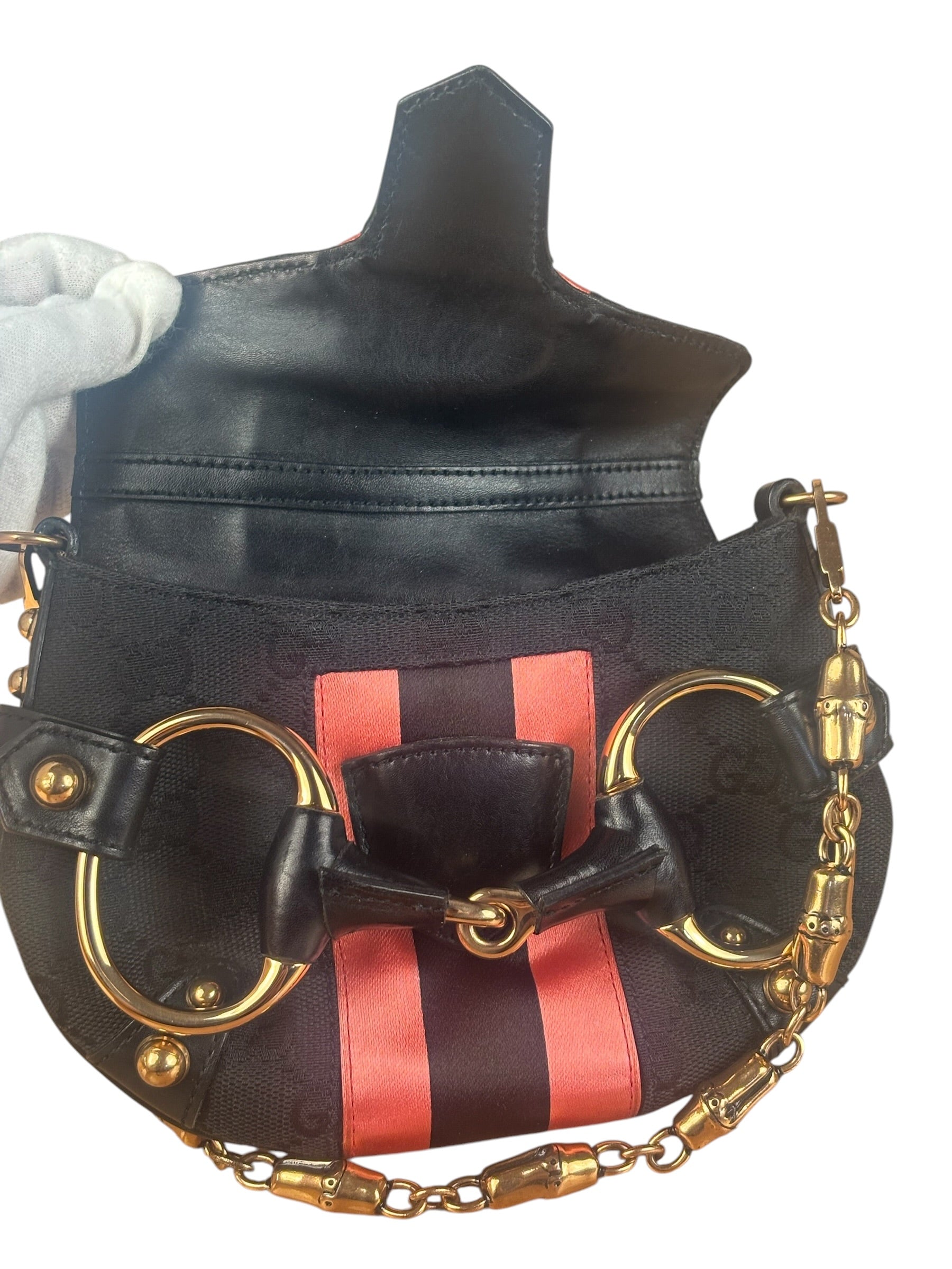 Gucci GG Black/Pink Canvas Horsebit Chain Shoulder Bag