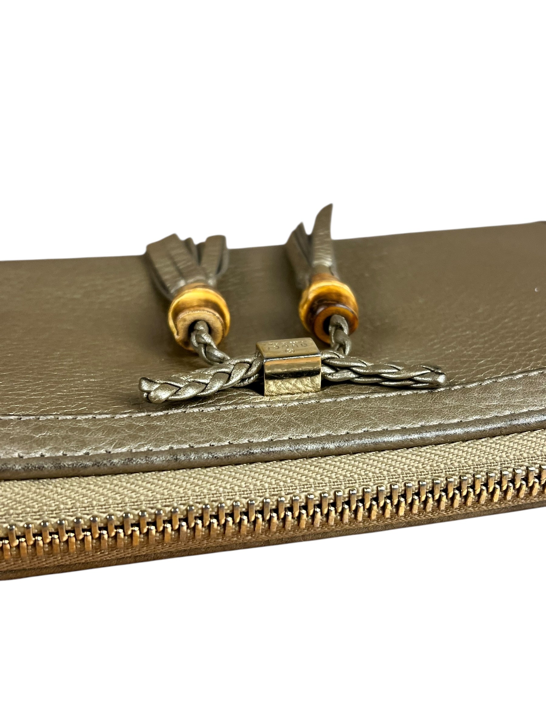 Gucci Bronze Metallic Leather Bamboo Long Zippy Wallet