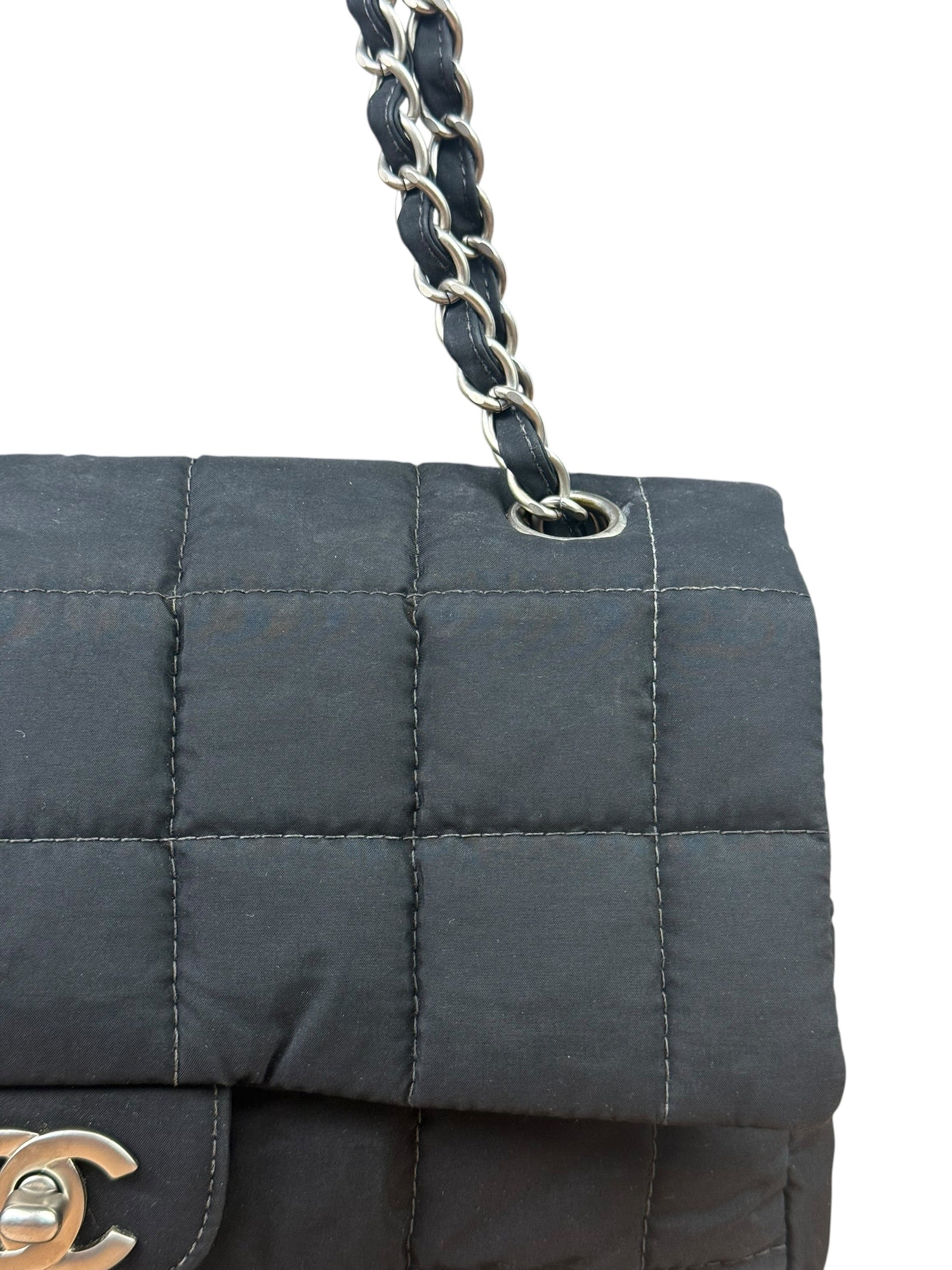 Chanel Black Nylon Chocolate Bar Chain Flap Bag 2002